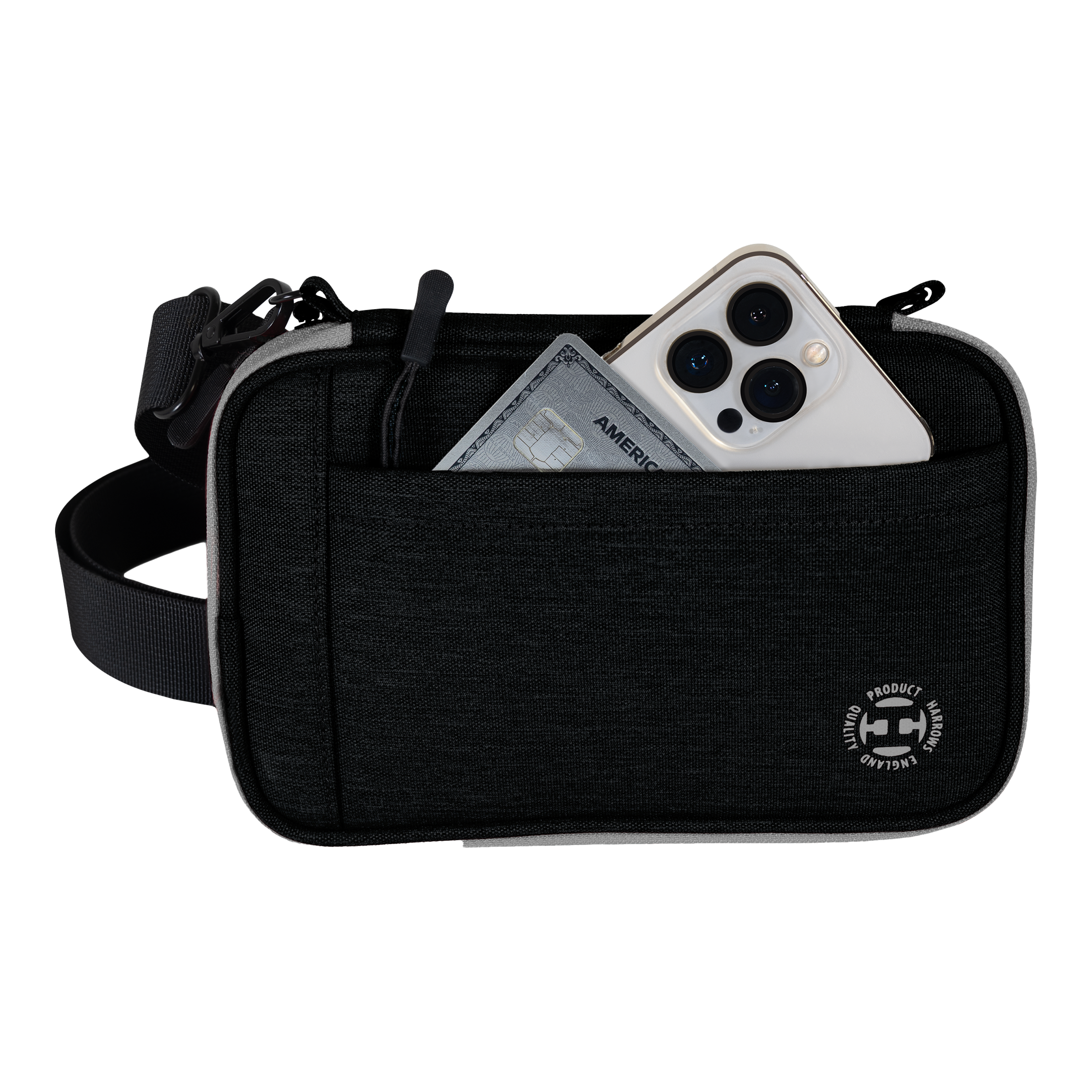 Harrows Smart Case XL Dartwallet Auf dem Bild ist eine schwarze Harrows Smart Case XL Darttasche zu sehen. In der vorderen Tasche stecken ein Smartphone und eine Kreditkarte.