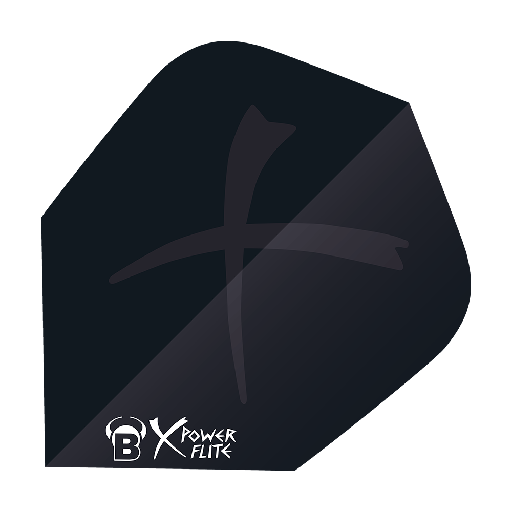 BLX2_Bulls_X_Power_Schwarz_No6_Flights_1 Das Bild zeigt das Produkt "Bulls X Power Schwarz No6 Flights". Es ist ein schwarzes Dartflight mit einem dezenten Kreuz-Design und dem Logo unten links.