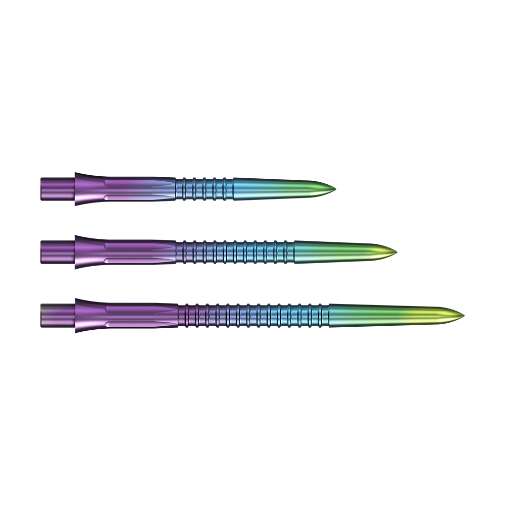Mission Caliburn EVO Dartspitzen GV1 - Rainbow Hier sind die Mission Caliburn EVO Dartspitzen GV1 in Rainbow-Farben abgebildet. Sie bieten ein auffälliges Design für Dartspieler.