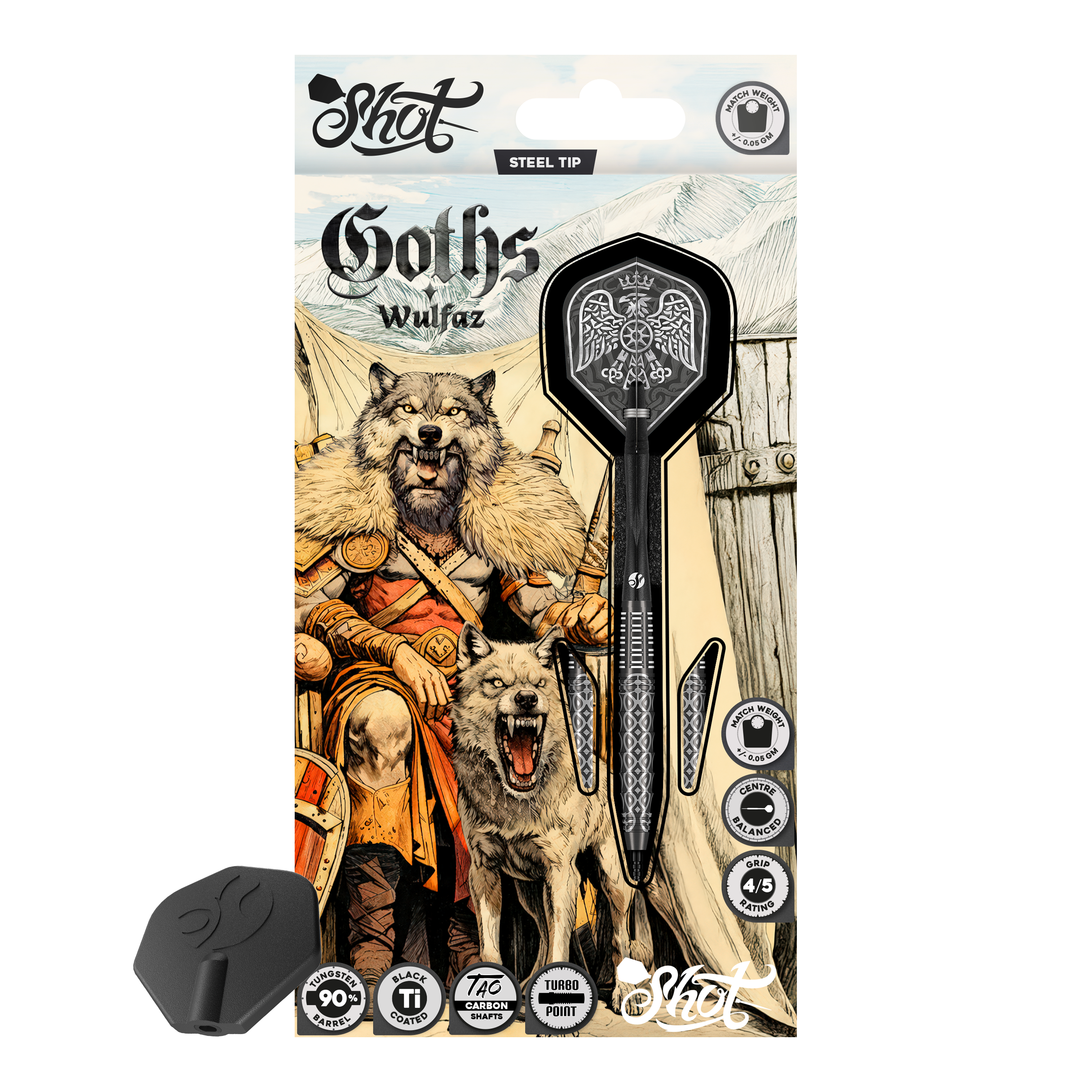 Shot Goths Wulfaz Turbo Point Steeldarts - 23g Das Bild zeigt die Shot Goths Wulfaz Turbo Point Steeldarts mit 23 Gramm. Diese Pfeile sind für das Steeldartspiel konzipiert.