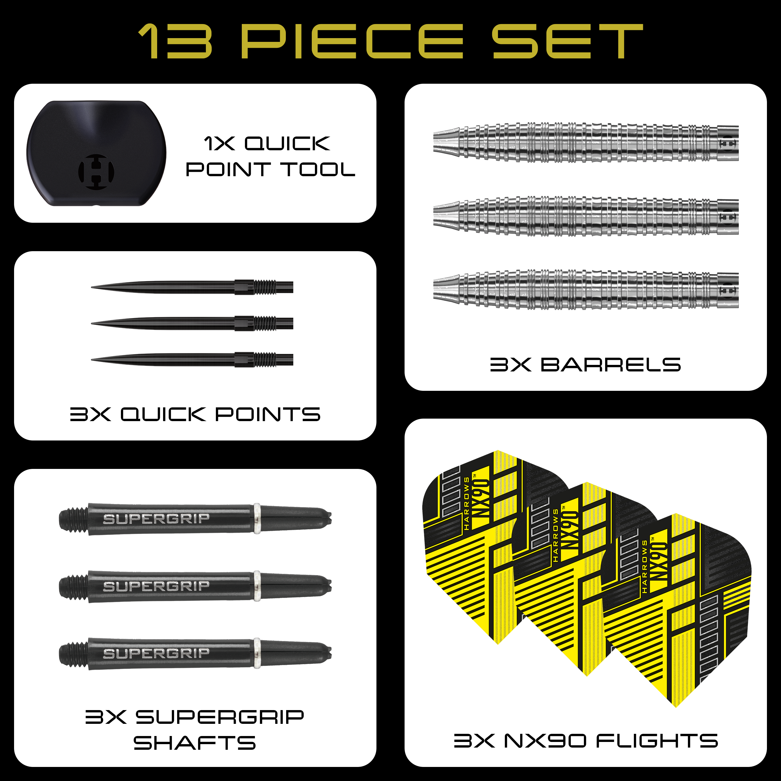 Harrows NX90 Tapered Quick Point Steeldarts Hier sieht man die Harrows NX90 Tapered Quick Point Steeldarts. Sie sind robust gebaut und bieten professionelle Leistung für Dartspieler.