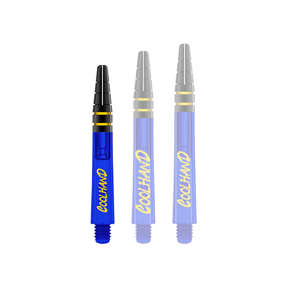 Red Dragon Nitrotech Luke Humphries Coolhand Shafts - Blau Auf dem Bild sind drei blaue Dartschäfte mit gelbem Schriftzug "COOLHAND" zu sehen. Oben haben sie schwarze Rillen mit goldenen Ringen.