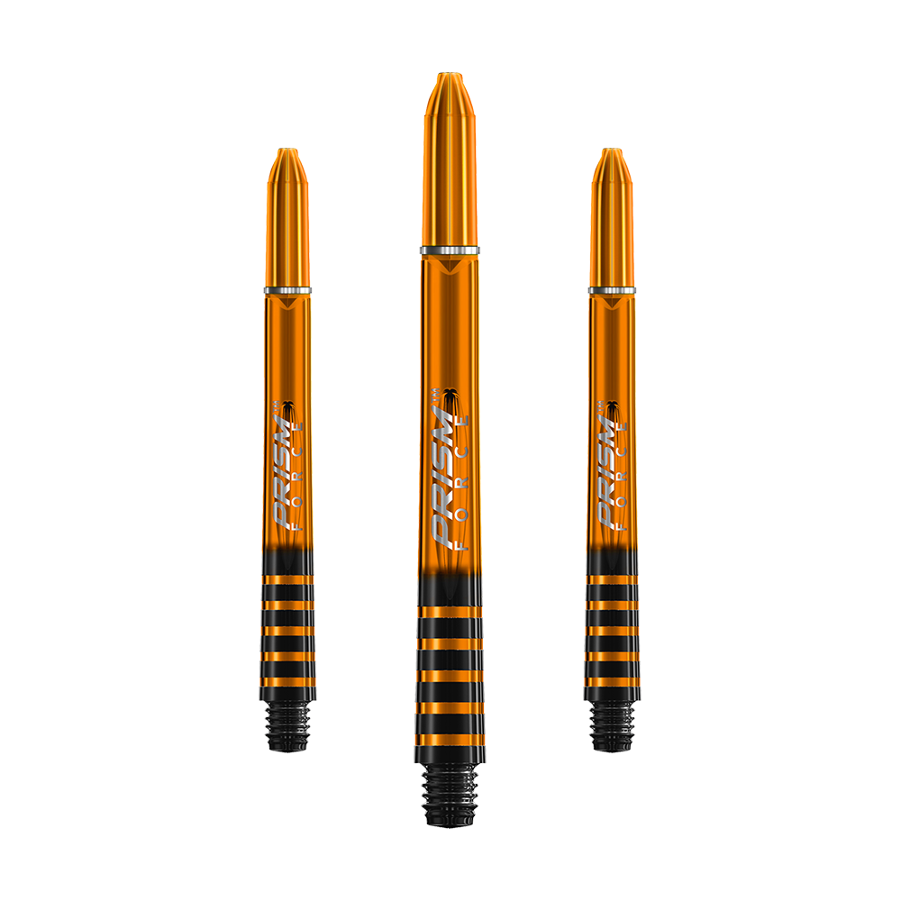 7020-207_Winmau_Prism_Force_Shafts_Orange_48mm_1dwjEnee8nKIWL Das Bild zeigt drei orangefarbene Winmau Prism Force Shafts für Darts. Sie haben ein glänzendes Design mit schwarzen Streifen am unteren Ende.