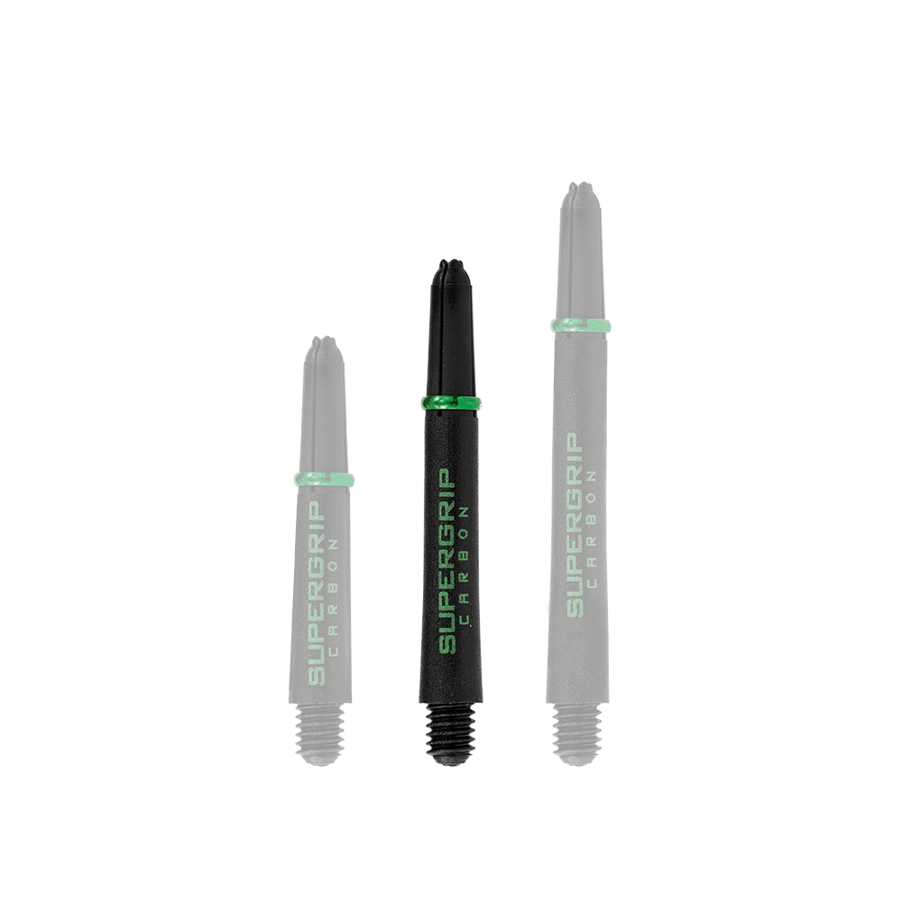 HR361_Harrows_Supergrip_Carbon_Shafts_Gr-n_40mm_1 Das Bild zeigt drei schwarze Harrows Supergrip Carbon Shafts mit grünen Akzenten in verschiedenen Längen. Sie sind speziell für den Einsatz bei Darts entwickelt.