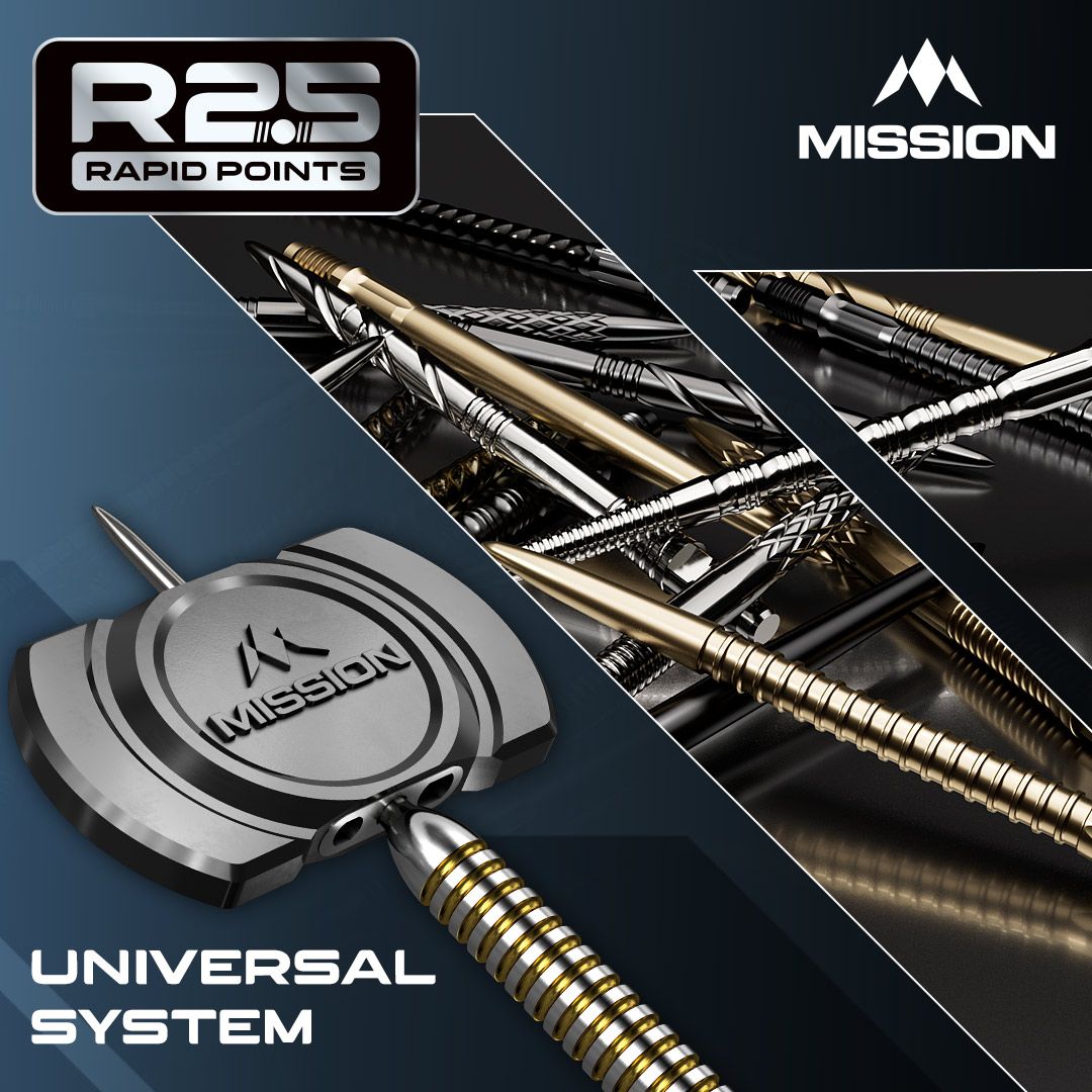 Mission R2.5 Rapid Point DSX Dartspitzen - Schwarz Die Abbildung zeigt die Mission R2.5 Rapid Point GV1 Dartspitzen in Silber. Es sind speziell designte Dartspitzen für Präzision und Haltbarkeit.