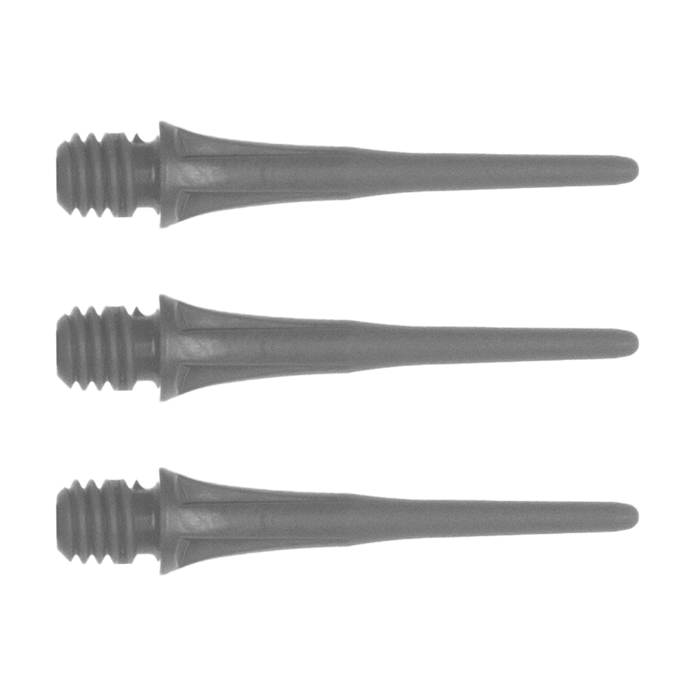 X9053_Cosmo_Fit_Point_Plus_2BA_Spitzen_Grau_1 Das Bild zeigt drei schwarze Dartspitzen mit Gewinde. Es handelt sich um das Produkt "Cosmo Fit Point Plus 2BA Spitzen 25mm (50er Pack)".