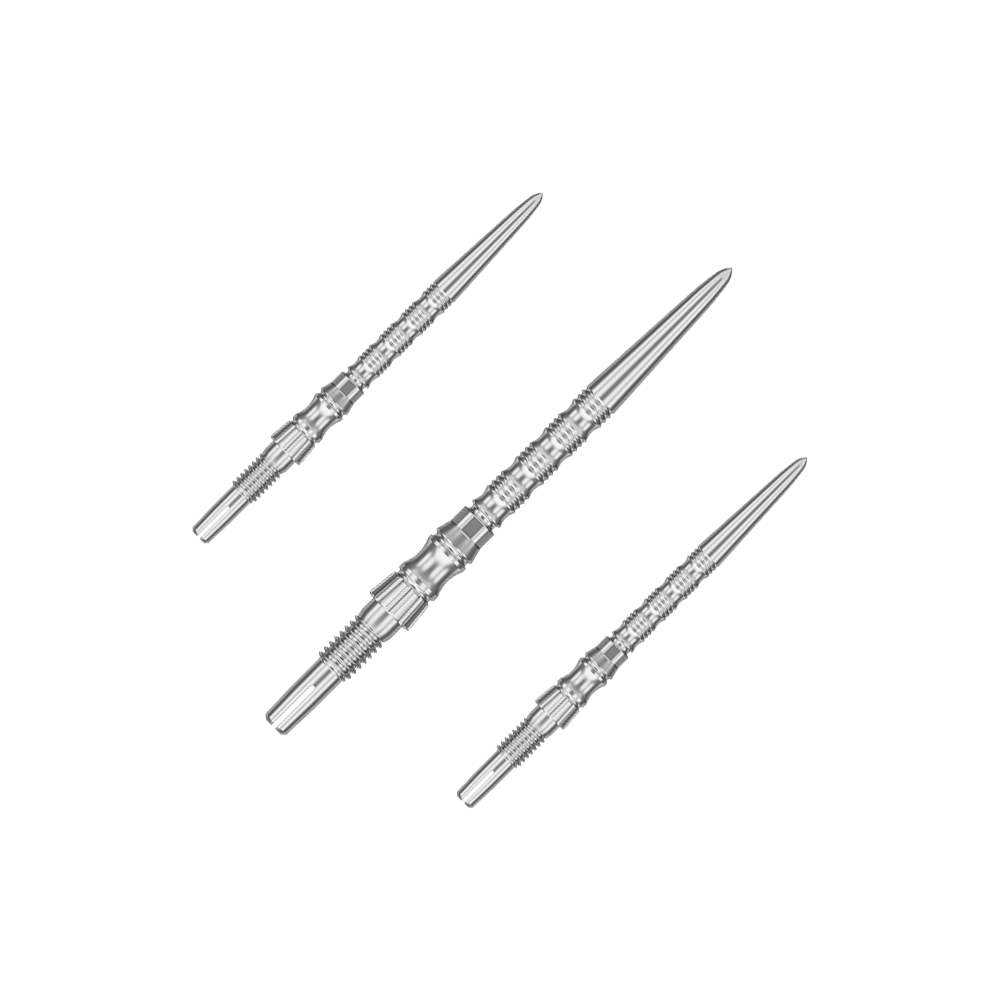 Target Signature Swiss Point TRB Steeldartspitzen - Silber Mehrere silberne Dartspitzen sind nebeneinander zu sehen. Es handelt sich um ein Set der 'Target SwissPoint Signature TRB' Dartspitzen mit 30 mm Länge.