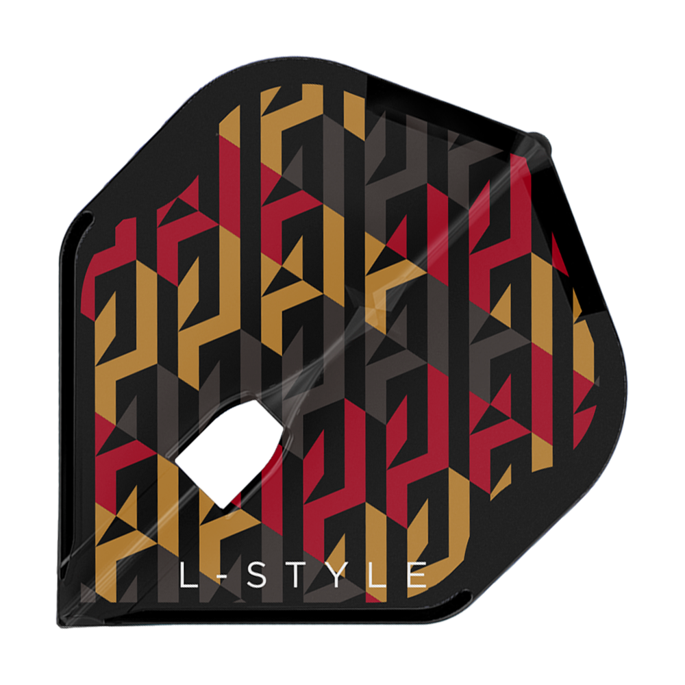 LSF603_L-Style_Nico_Kurz_V2_Black_L1PRO_Flights_1 Das Bild zeigt das Produkt "L-Style Nico Kurz V2 Black L1PRO Flights". Das Dartflight ist schwarz mit einem geometrischen Muster in Gold, Rot und Grau und trägt den Schriftzug "L-Style".