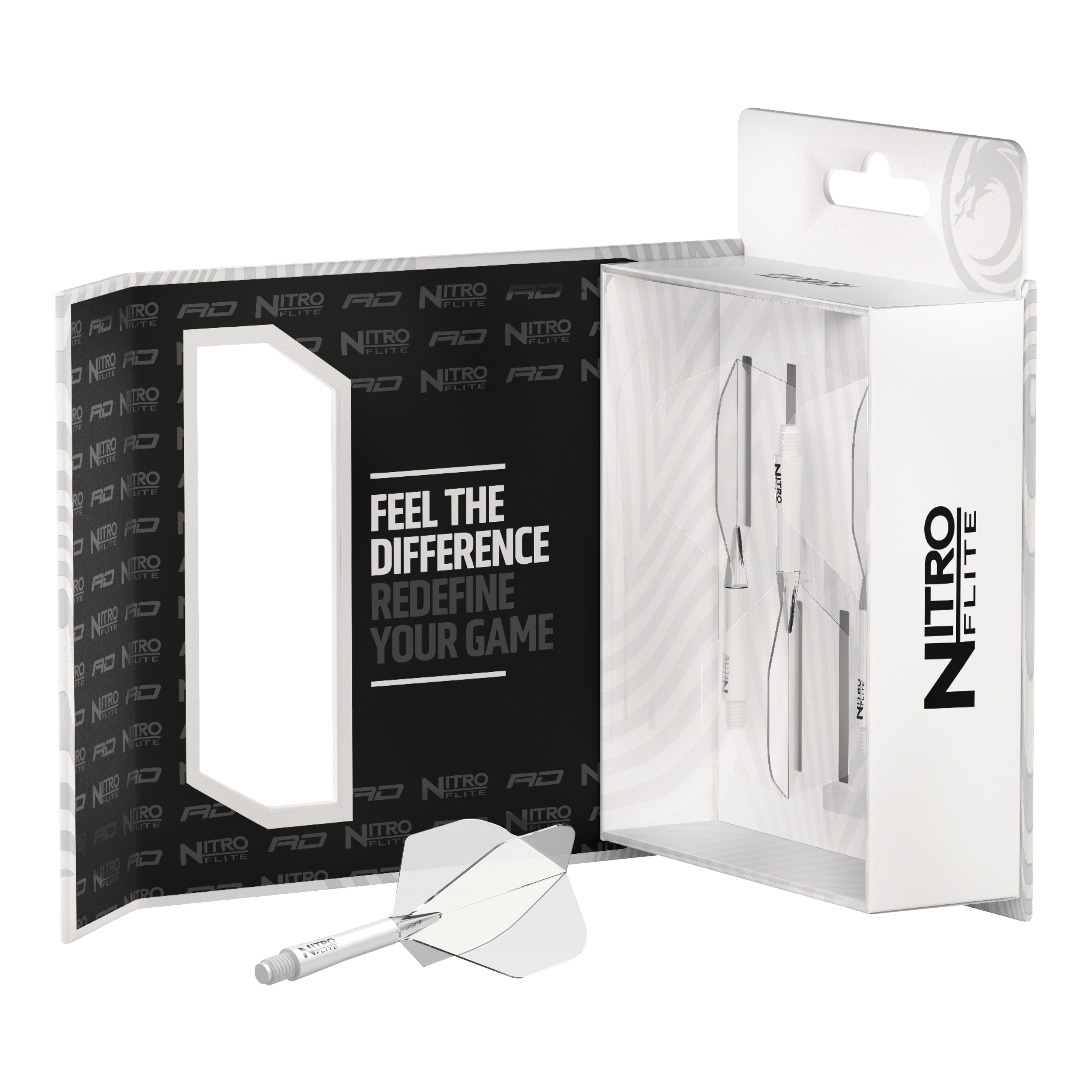 Red Dragon Nitroflite - White Shaft Clear No2 Flights Das Bild zeigt die Verpackung des Produkts "Red Dragon Nitroflite - White Shaft Clear No2 Flights". In der Packung befinden sich weiße Dartflights mit integriertem Schaft.