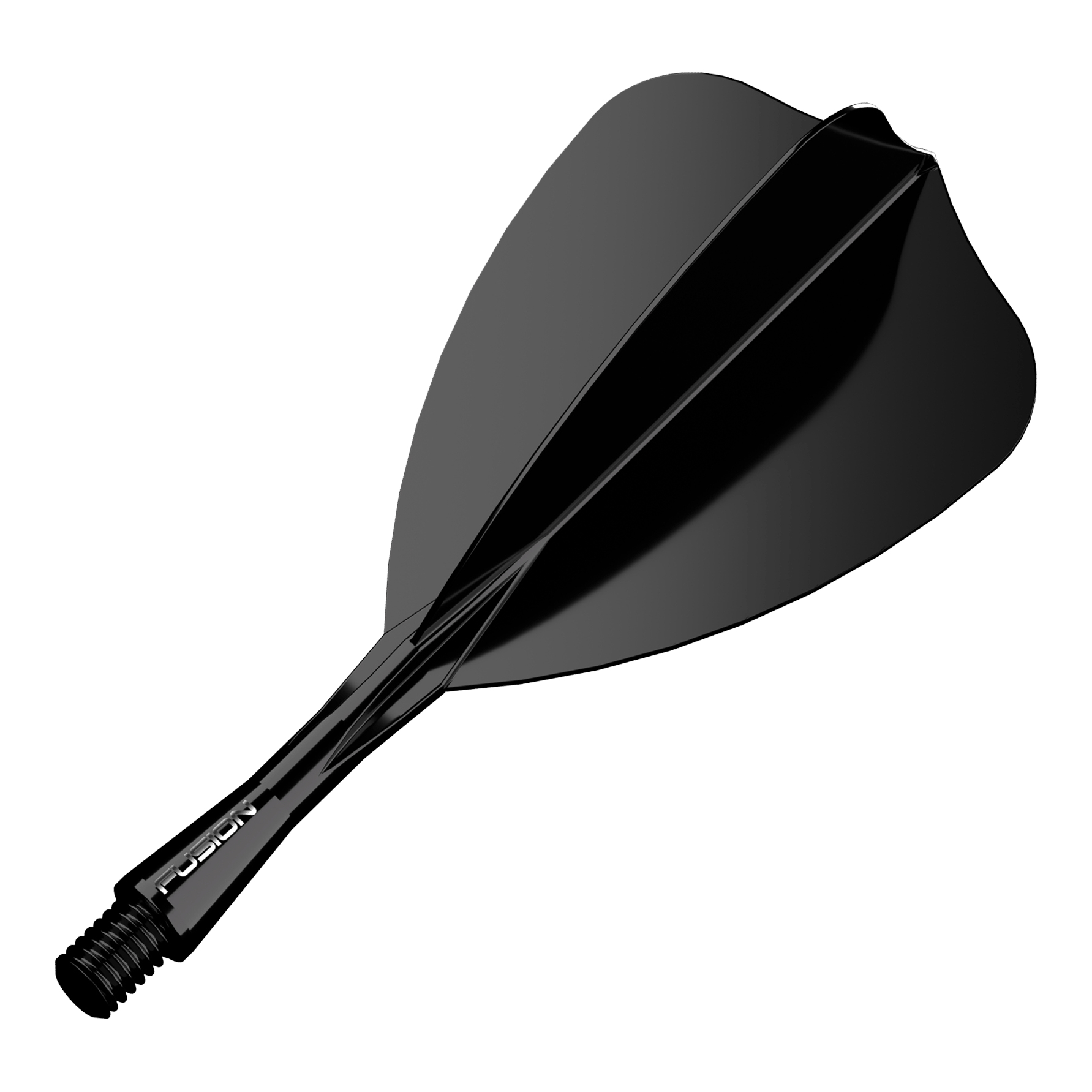 Das Bild zeigt ein schwarzes Dart-Flight-Shaft-System. Es handelt sich um ein schlankes, glänzendes Teil mit der Aufschrift "Fusion" am Schaft.
