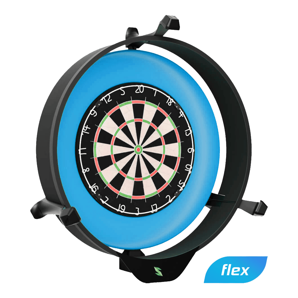 Das Bild zeigt das Produkt „Scolia Home 2 FLEX – Electronic Score System mit Beleuchtungsring“. Es ist ein elektronisches Punktesystem für Dartscheiben mit einem leuchtenden Ring zur besseren Sichtbarkeit.
