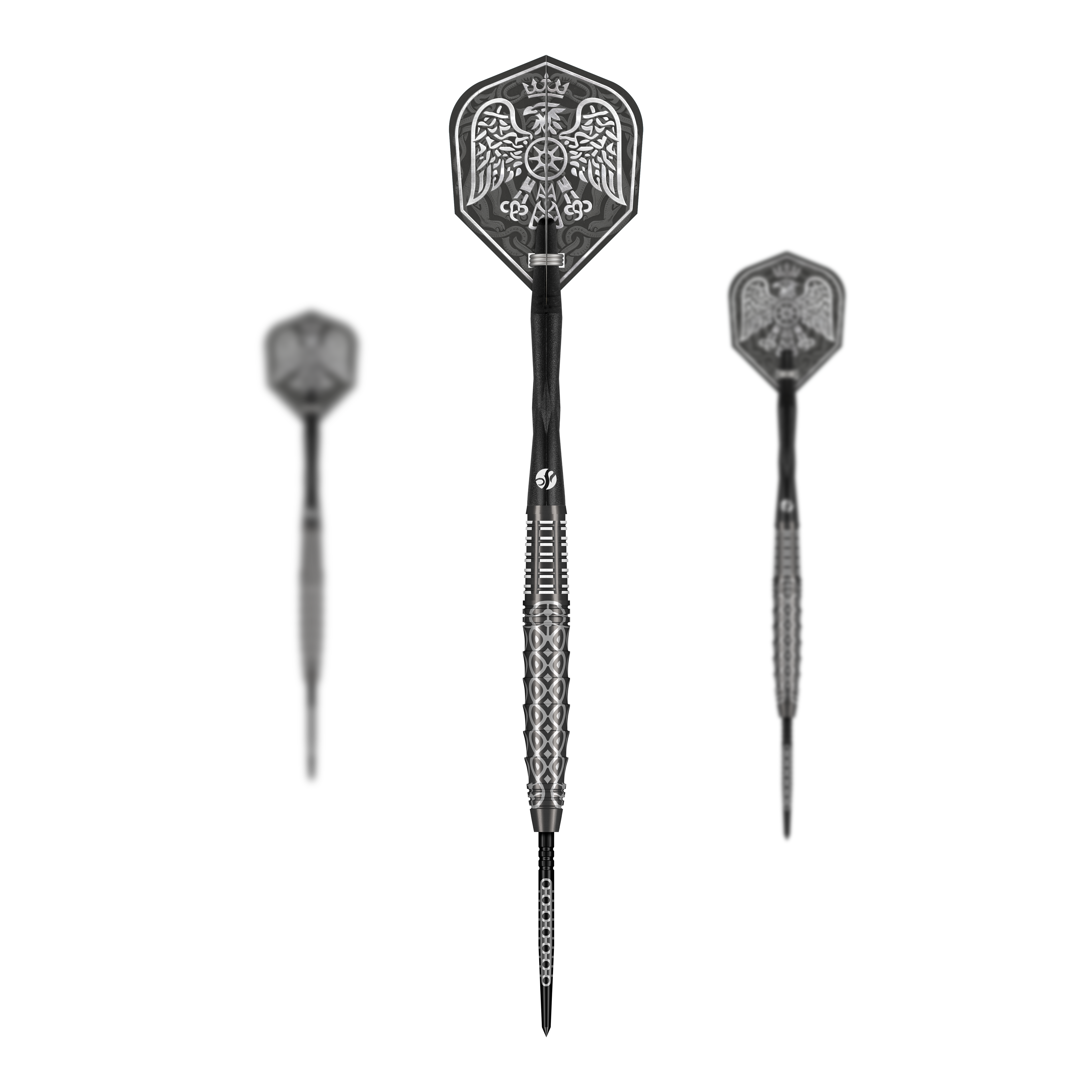 Shot Goths Wulfaz Turbo Point Steeldarts - 23g Das Bild zeigt das Shot Goths Wulfaz Turbo Point Steeldarts - 23g Set. Alle Teile des Dart Sets sind deutlich zu erkennen.