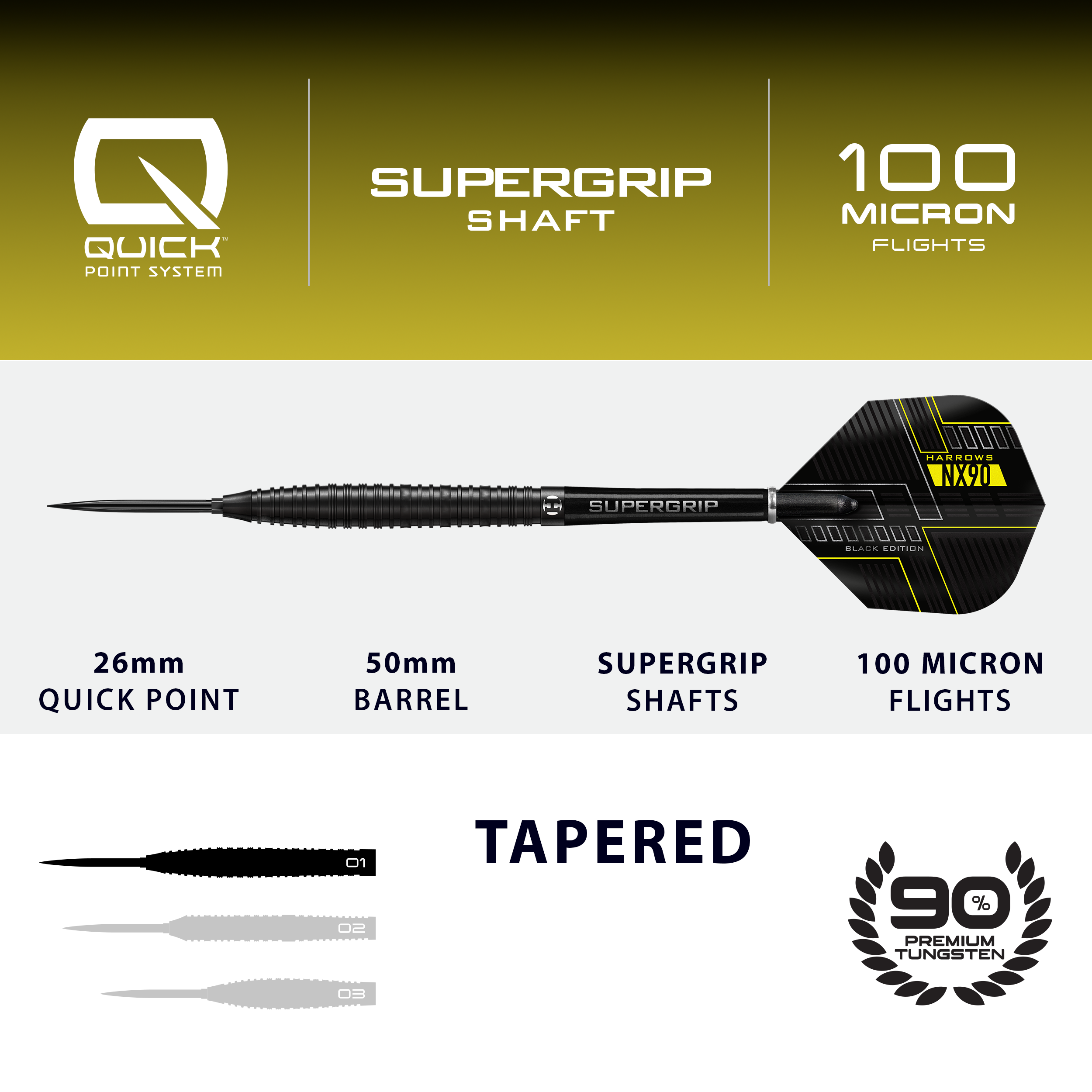 Harrows NX90 Black Edition Tapered Quick Point Steeldarts Das Bild zeigt die Harrows NX90 Black Edition Tapered Quick Point Steeldarts. Diese Steeldarts zeichnen sich durch ihr modernes schwarzes Design aus.