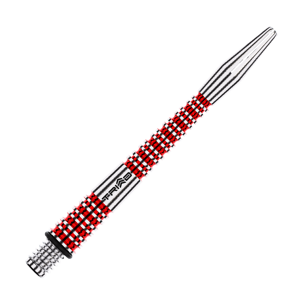 Winmau Triad RX Aluminium Shafts - Rot Das Bild zeigt einen rot-silbernen Aluminium-Dartschafte mit dem Schriftzug "TRIAD". Die Oberfläche ist strukturiert und bietet einen guten Halt.