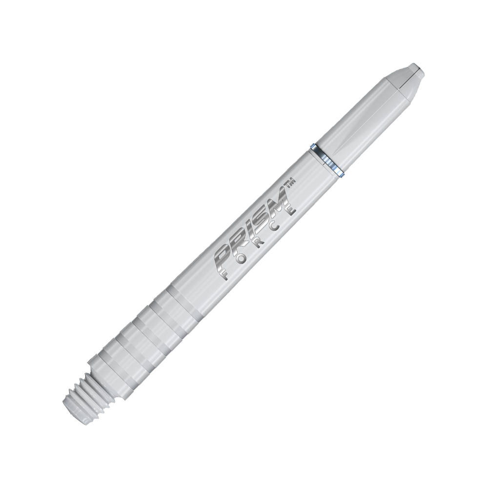 Das Bild zeigt einen weißen Winmau Prism Force Shaft. Die Schrift "PRISM FORCE" ist deutlich auf dem Produkt zu erkennen.