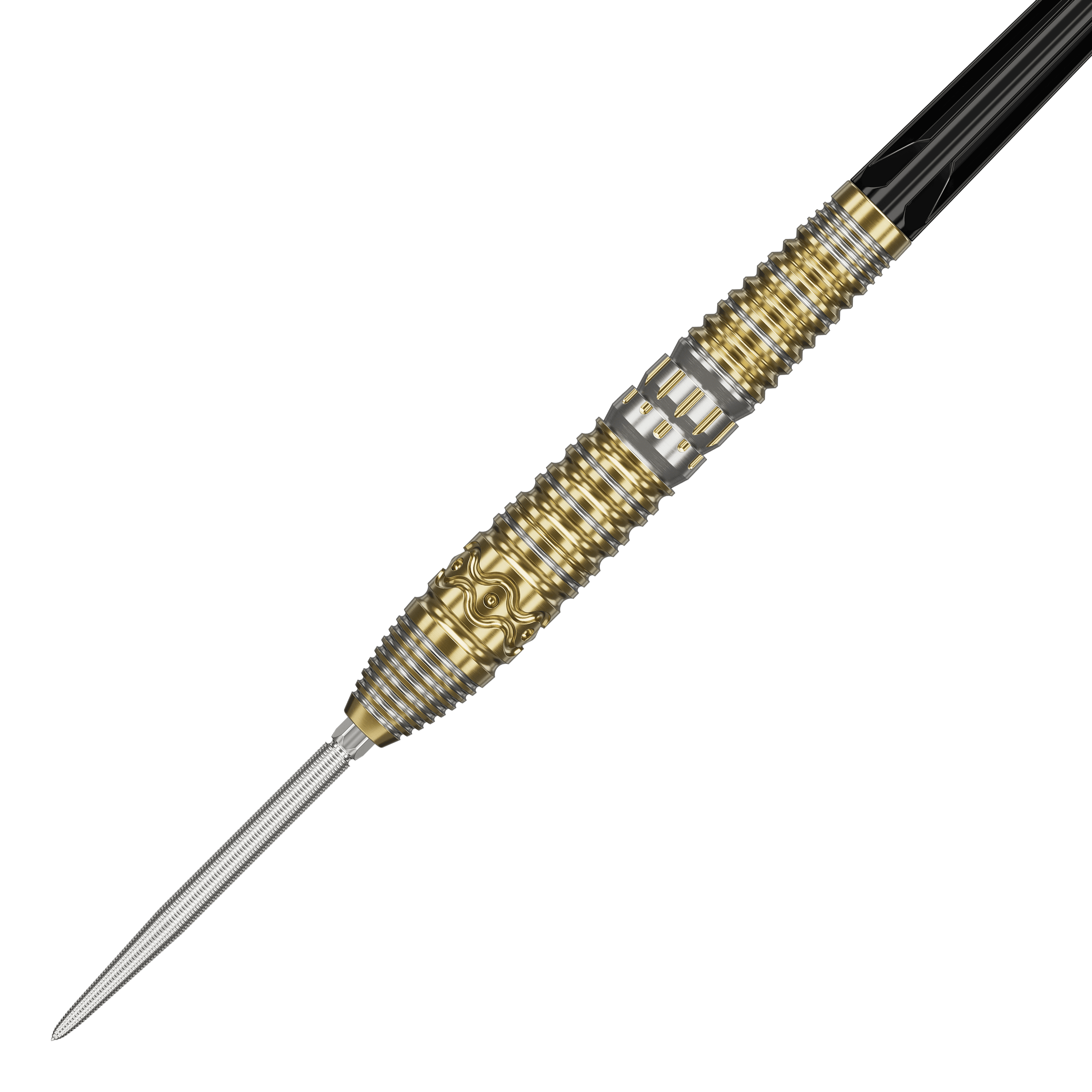Target Japan Hot Shot GEN2 Steeldarts - 23g Das Bild zeigt einen Target Japan Hot Shot GEN2 Steeldart mit einem Gewicht von 23g. Der Steeldart hat ein auffälliges Design mit goldenen und silbernen Rillen und Mustern am Barrel.