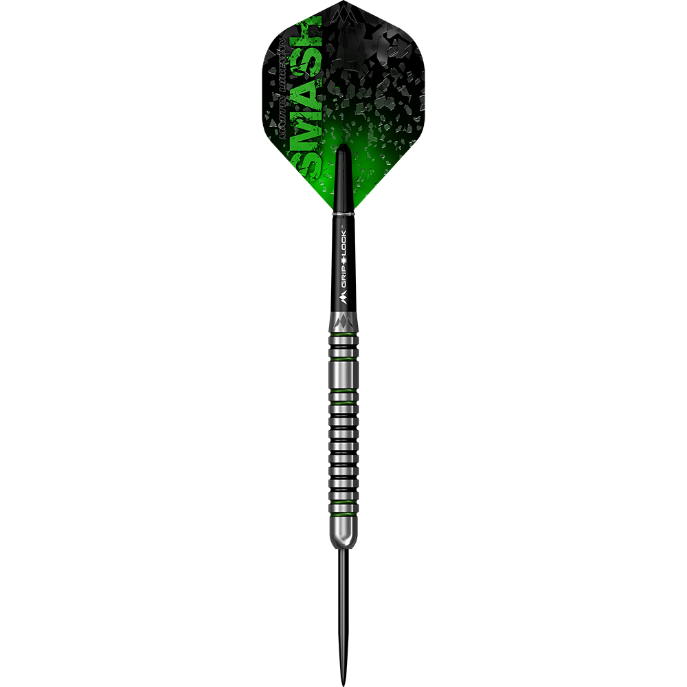 M001006_Mission_Martin_Lukeman_Smash_Steeldarts_16HFVn65dcuyV8 Dieses Bild zeigt einen Steeldart mit dem Namen "Mission Martin Lukeman Smash Steeldarts - 23g". Der Dartpfeil hat ein schwarzes und grünes Flight-Design mit dem Wort "SMASH" darauf.