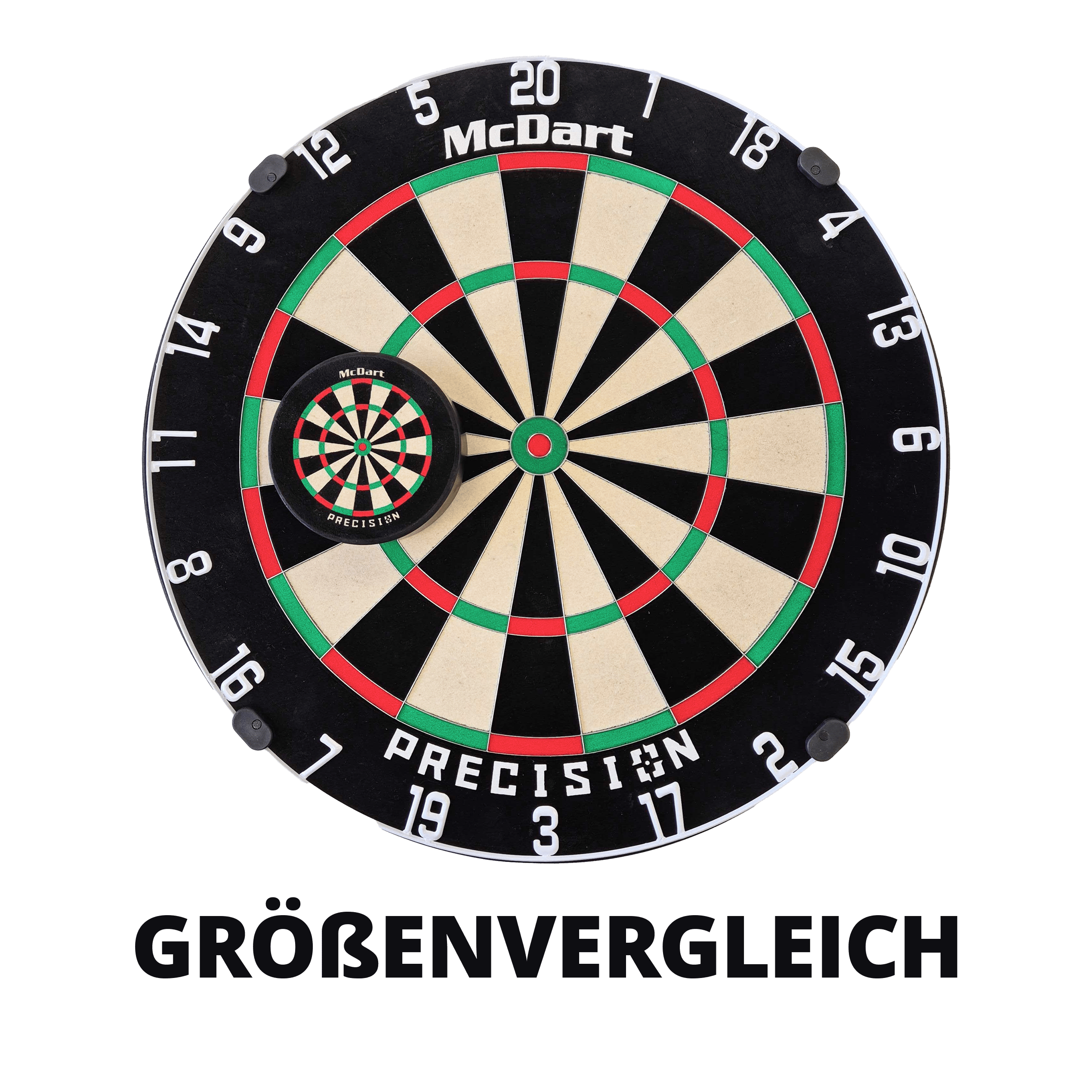 McDart Precision Mini Dartboard Darthalter Das Bild zeigt zwei McDart Präzisions-Dartscheiben in unterschiedlichen Größen übereinandergelegt. Im Vordergrund ist eine kleine Mini-Dartscheibe auf einer großen Dartscheibe zu sehen.