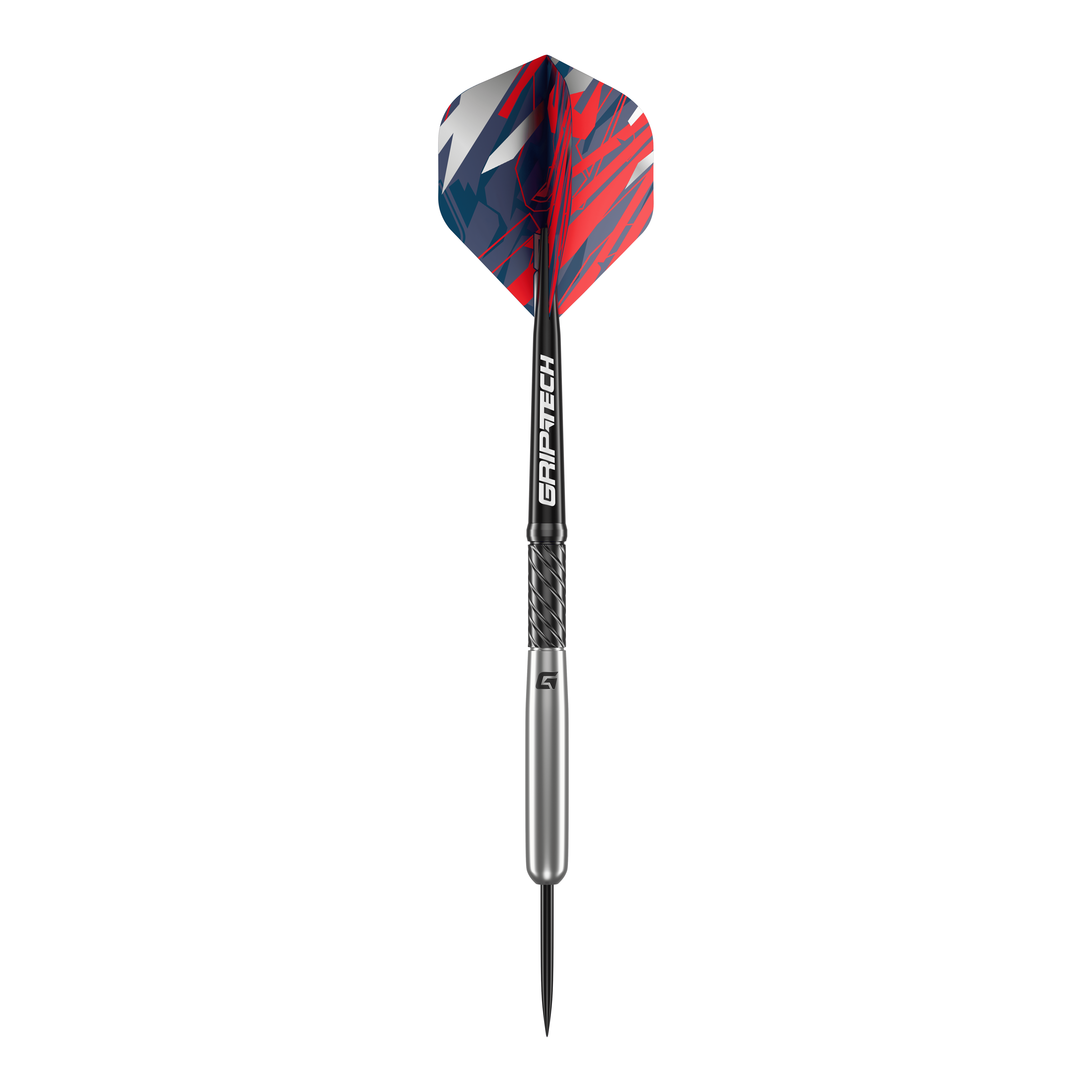 GOAT Homerun Baseball Tungsten Steeldarts Das Bild zeigt den GOAT Homerun Baseball Tungsten Steeldart. Der Dart hat auffällige Flights in Rot, Blau und Weiß sowie einen silbernen Schaft mit der Aufschrift "GRIP-TECH".