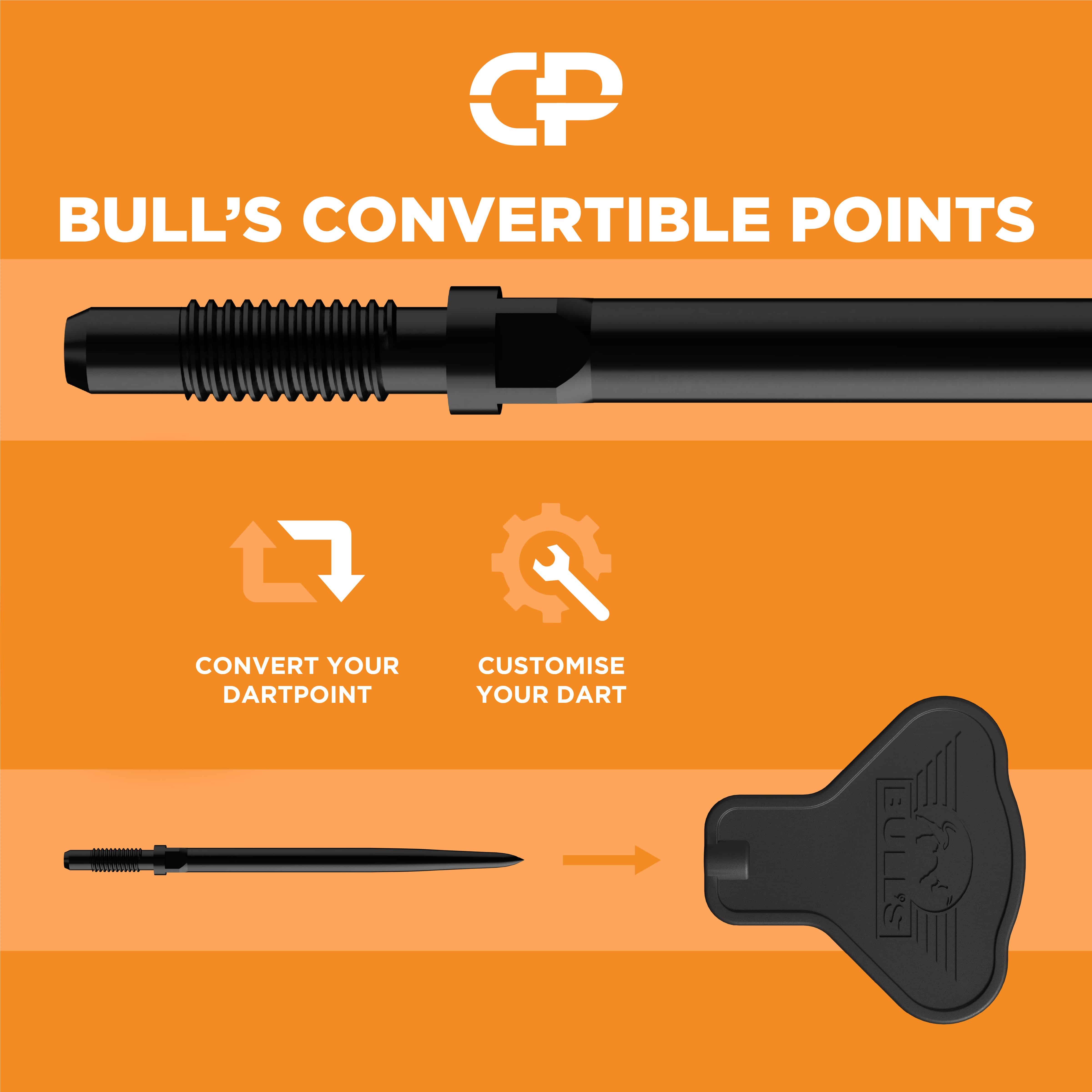 Auf dem Bild ist das Bulls NL Convertible Points Tool zu sehen. Dieses Werkzeug wird zum einfachen Wechseln von Dartspitzen verwendet.