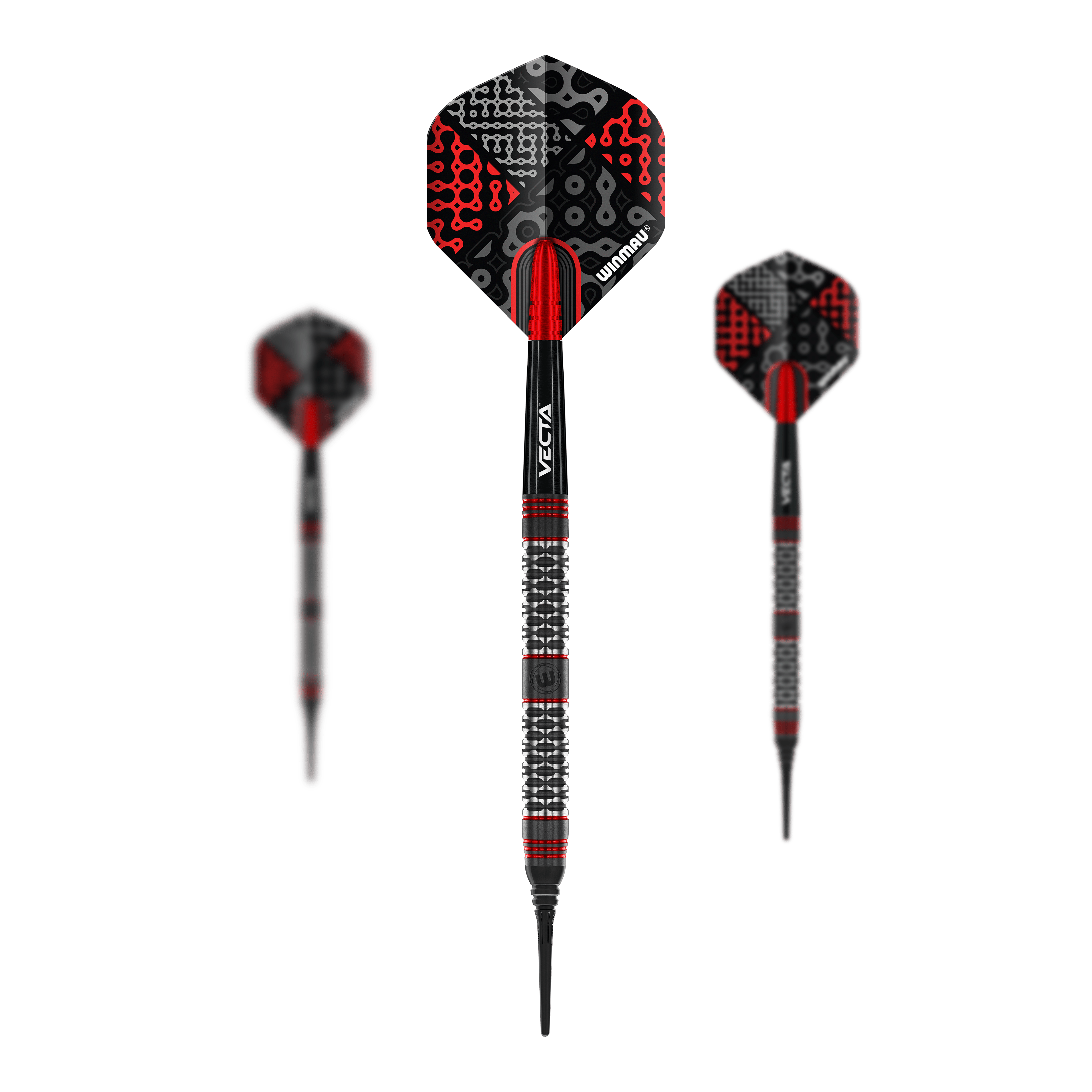 Winmau Cypher Softdarts - 20g Das Bild zeigt drei Winmau Cypher Softdarts mit einem Gewicht von 20 Gramm. Die Darts haben ein auffälliges Design in Schwarz und Rot mit strukturiertem Griff.