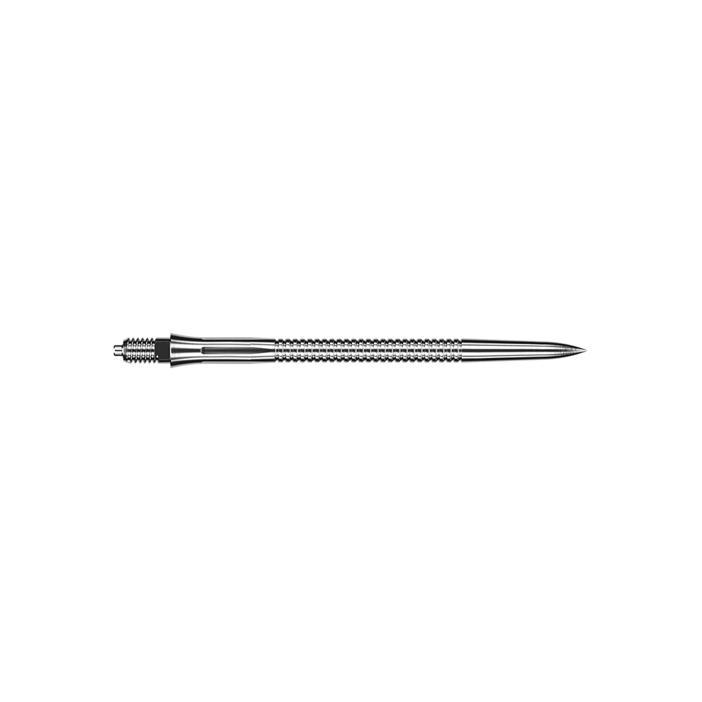 Caliburn EZ-EVO Dartspitzen - Grooved - Silber Das Bild zeigt eine silberne Dartspitze mit Rillen und einer Länge von 40 mm. Sie ist für Darts geeignet.