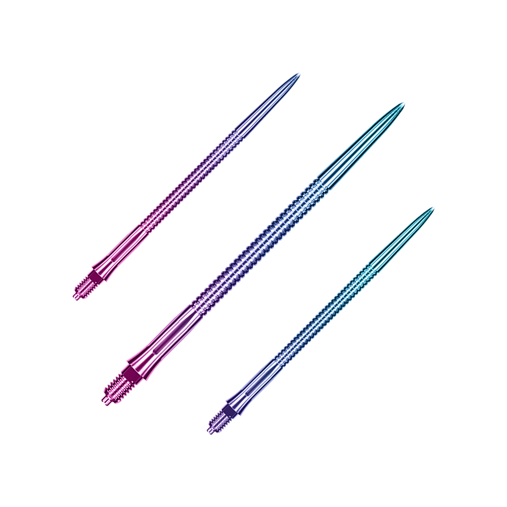 Caliburn EZ-EVO Dartspitzen - Grooved - Rainbow Auf dem Bild sieht man ein Set Caliburn EZ-EVO Dartspitzen mit grooved Rainbow-Optik, 45 mm lang. Die Spitzen zeichnen sich durch ein buntes, geriffeltes Muster aus.