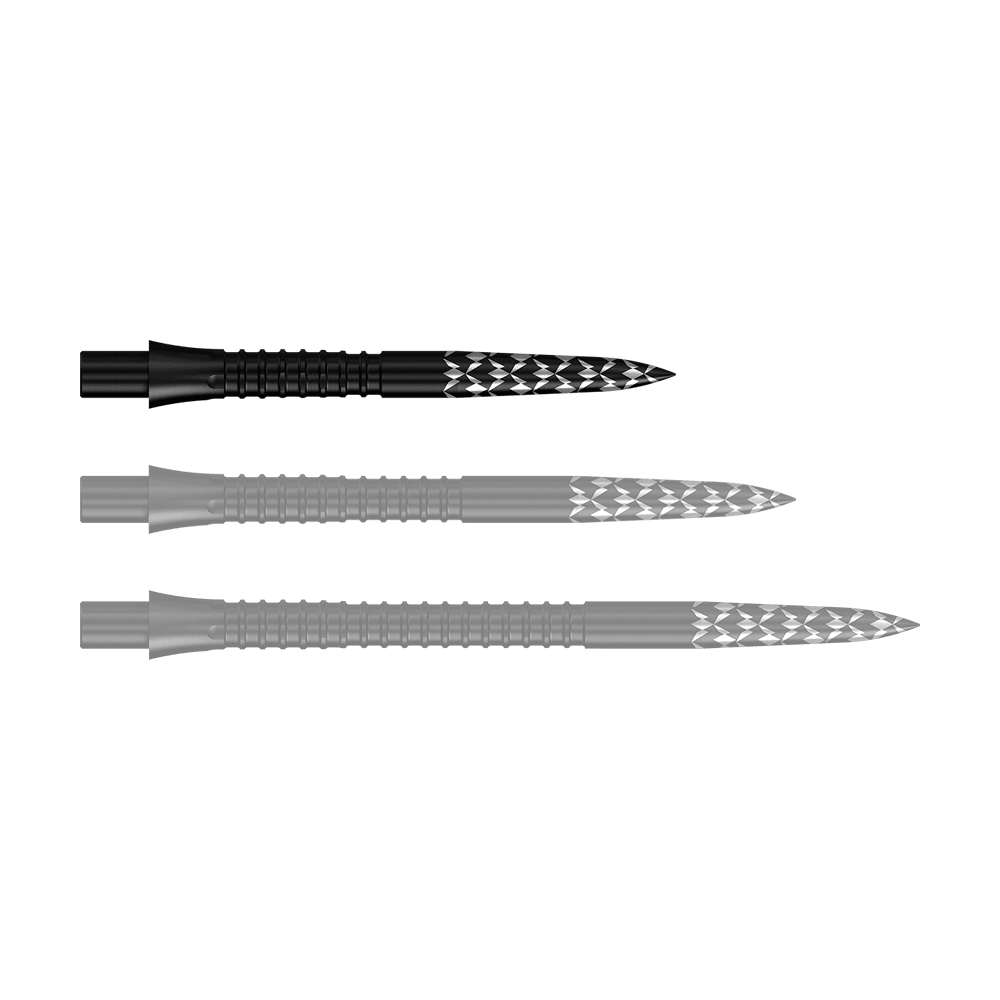 Mission Caliburn EVO Dartspitzen GV-Logo - Schwarz Abgebildet sind Schwarze Steeldartspitzen mit GV-Logo, 26 mm lang. Es handelt sich um Zubehör für Dartpfeile aus der Mission Caliburn EVO Serie.