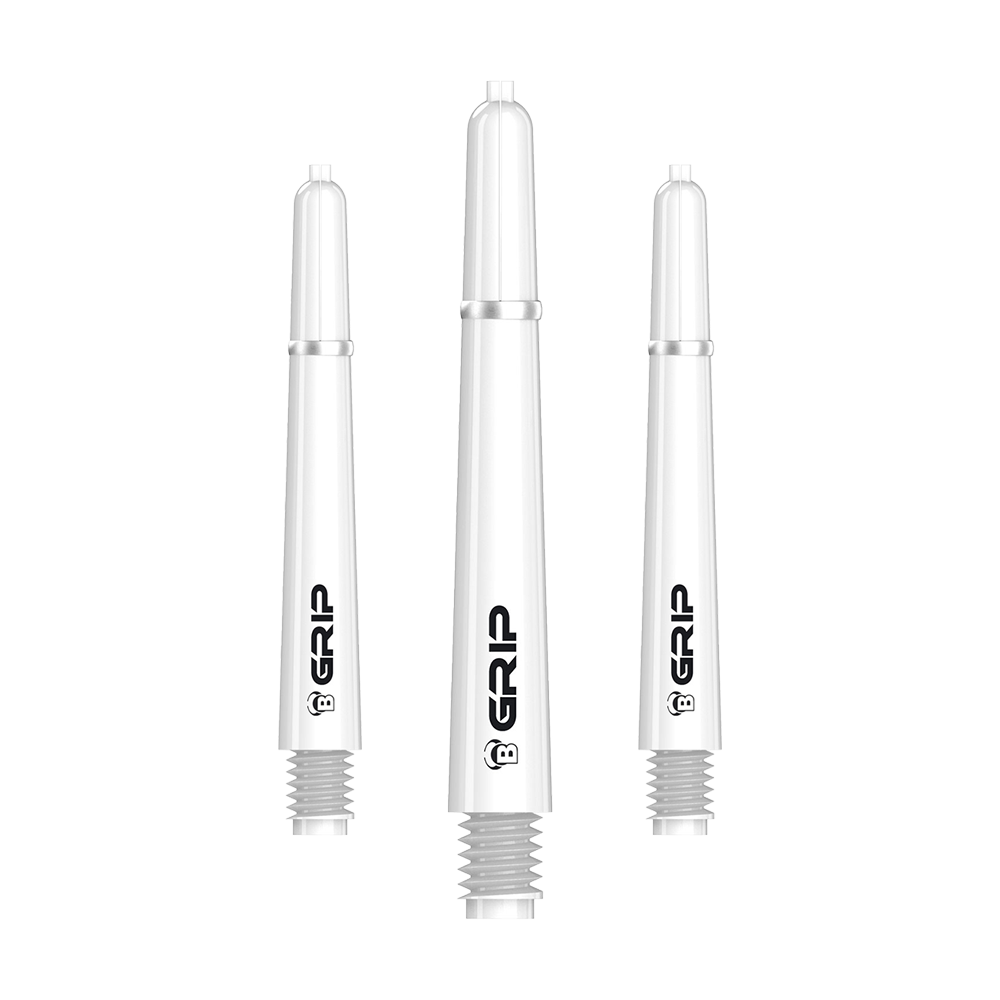 BS55069_Bulls_B-Grip-2_SL_Shafts_Weiss_41mm_1 Das Bild zeigt drei weiße Dartschäfte des Produkts "Bulls B-Grip-2 SL Shafts - Weiß". Auf den Schäften steht das Wort "GRIP" in schwarzer Schrift.