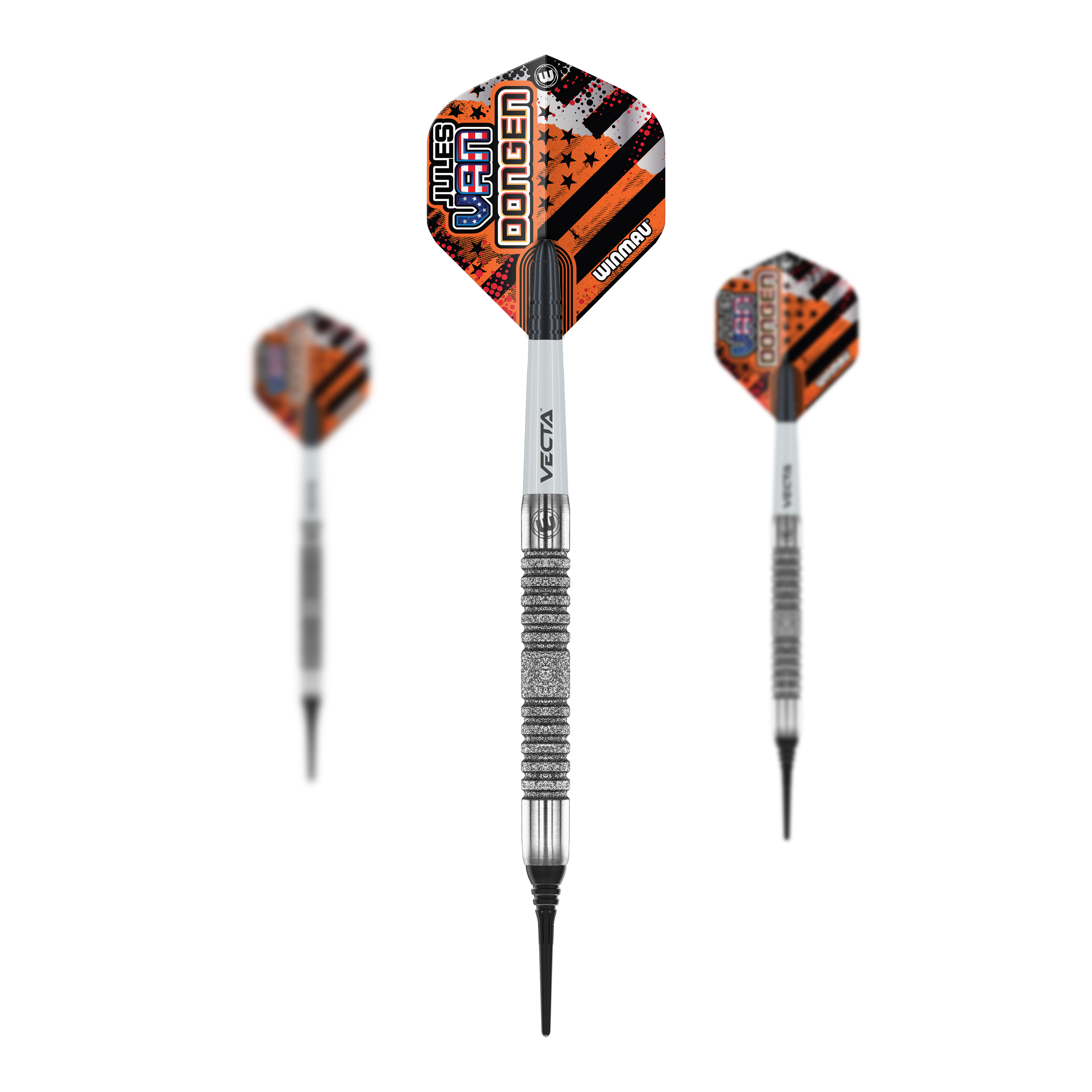Winmau Jules Van Dongen Softdarts - 20g Das Bild zeigt drei Winmau Jules Van Dongen Softdarts mit einem Gewicht von 20g. Die Darts haben auffällige, orange-schwarze Flights und eine silberne, geriffelte Griffzone.
