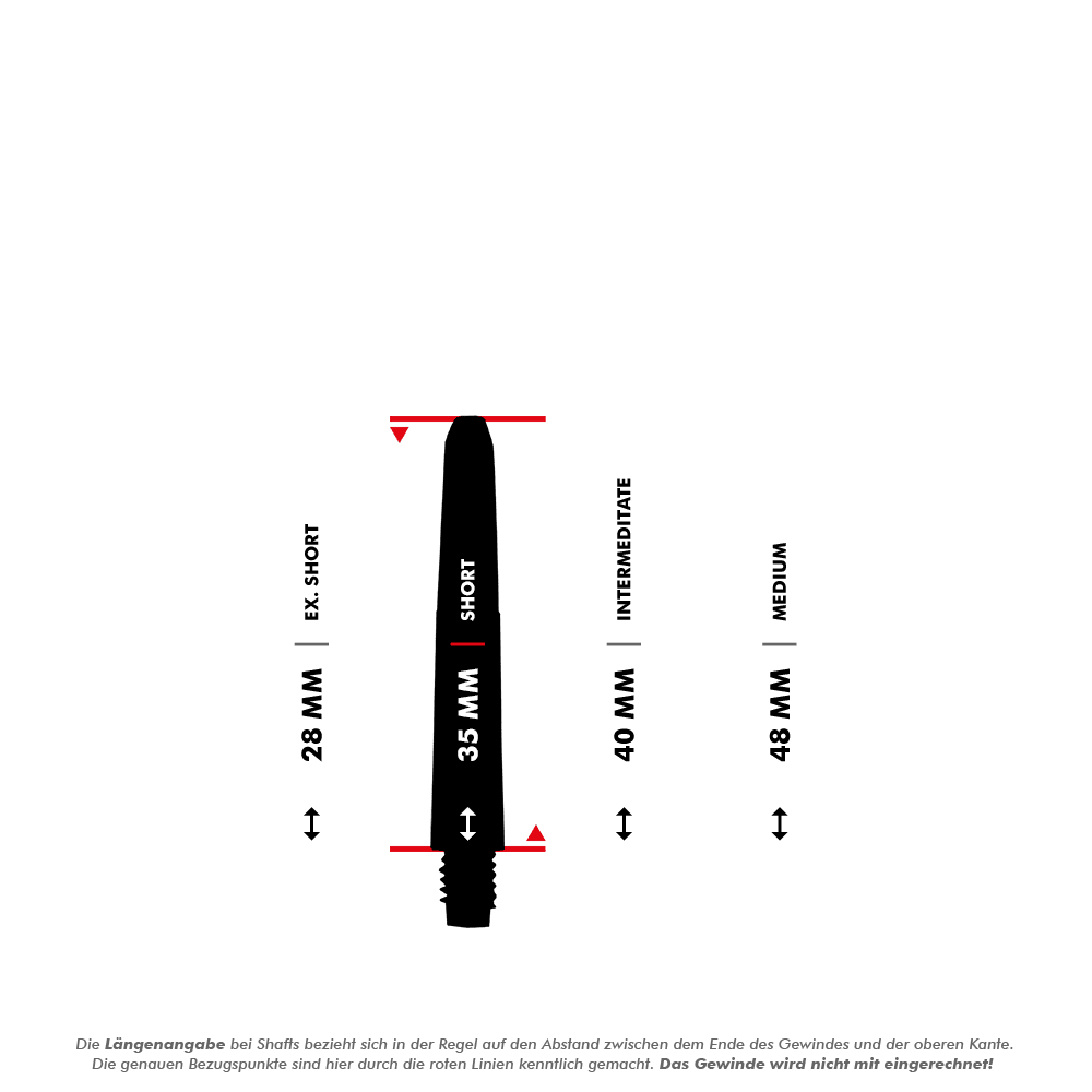 MD-600_Nylon_Shafts_mit_Wunschdruck_5_35mm Das Bild zeigt verschiedene Längen von Nylon Shafts für Darts, dargestellt in Millimetern. Die Längen reichen von 28 mm (Ex. Short) bis 48 mm (Medium), wobei die Messpunkte mit roten Linien markiert sind.