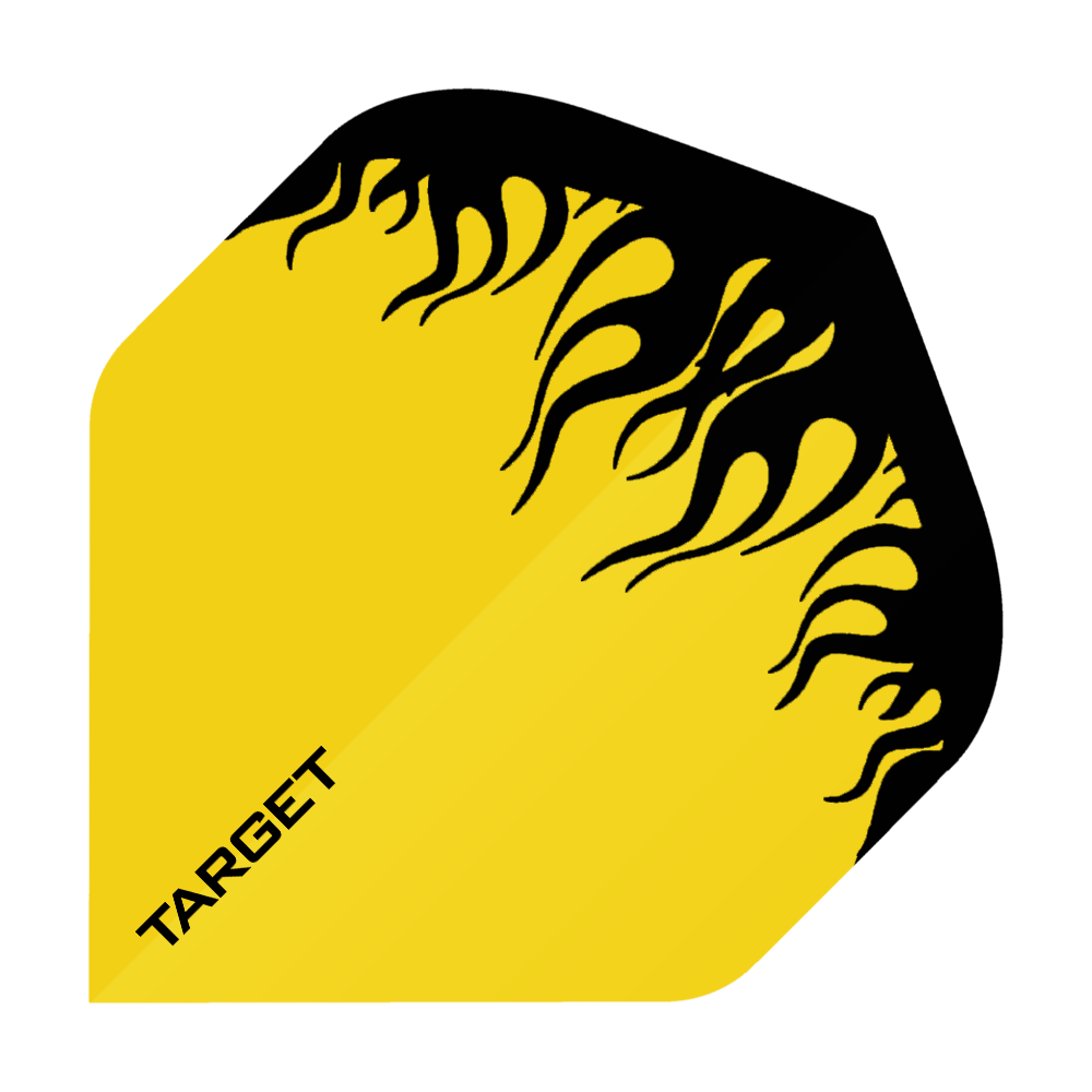 TG83_Target_Yellow_Flame_No2_Standard_Flights_1DjMEpxueJchfp Das Bild zeigt ein gelbes Dart-Flight mit schwarzem Flammenmuster. In der Ecke steht das Wort "TARGET".