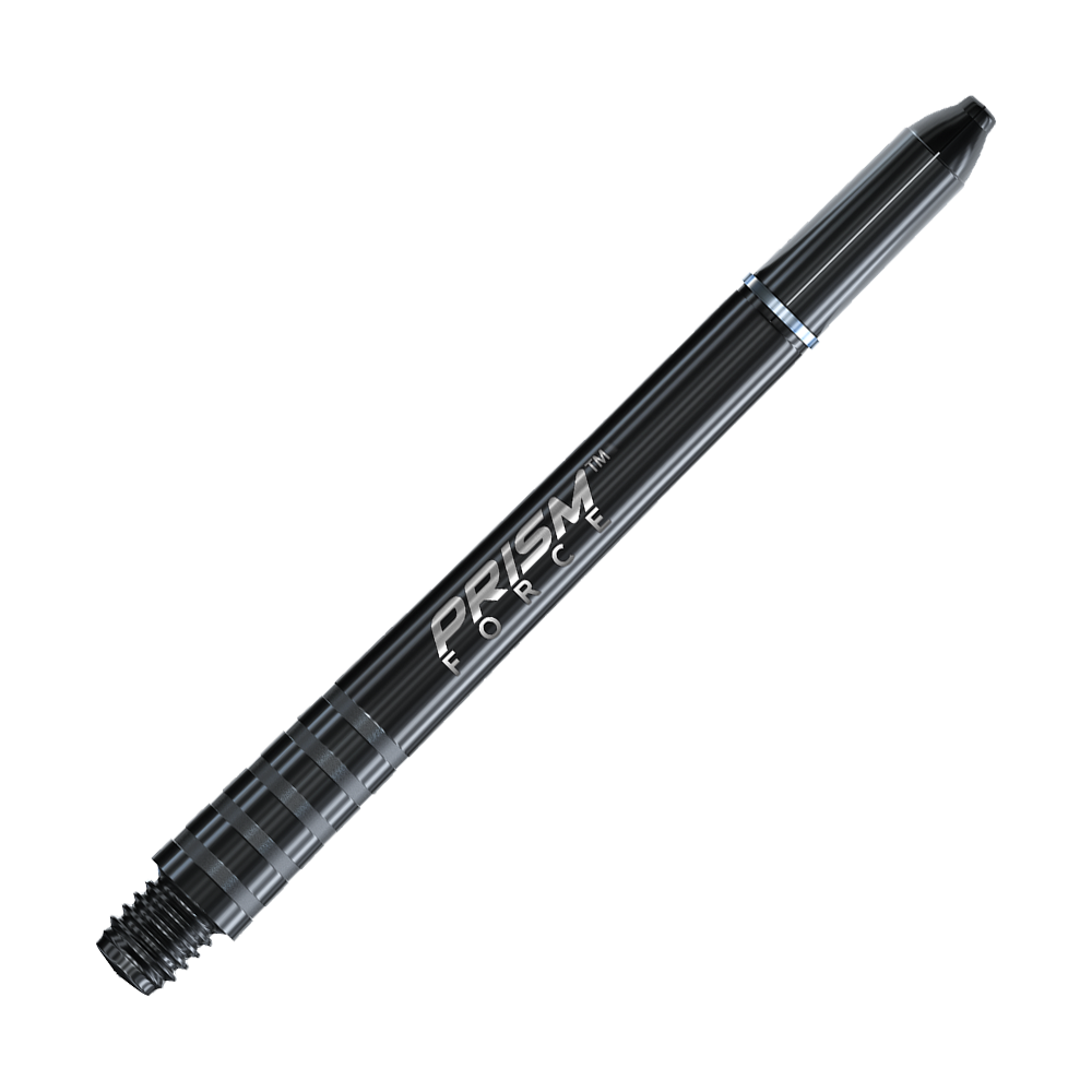 Das Bild zeigt einen schwarzen Dartshaft mit der Aufschrift "PRISM FORCE". Der Shaft ist schlank und glänzend, mit gerilltem Ende zum Einschrauben.