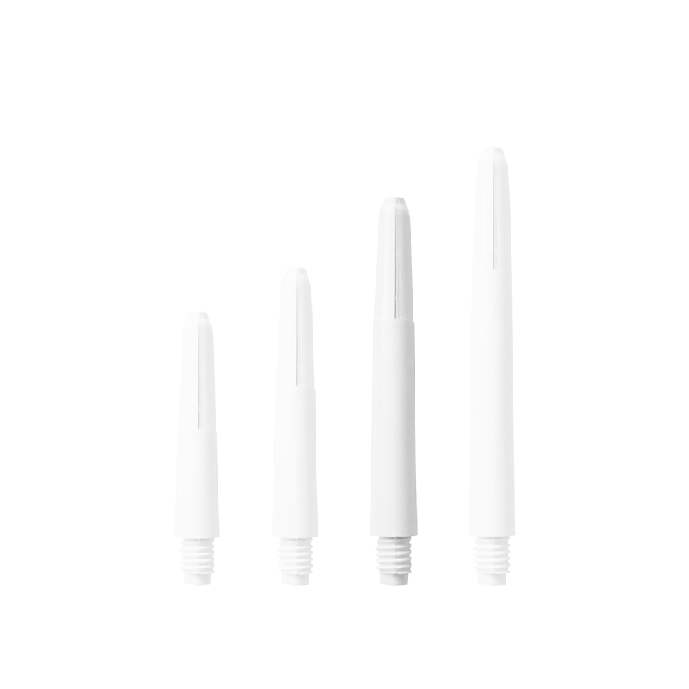 Das Bild zeigt vier Nylon Shafts in Schneeweiß, die nebeneinander angeordnet sind. Sie unterscheiden sich in ihrer Länge und haben ein Schraubgewinde am unteren Ende.