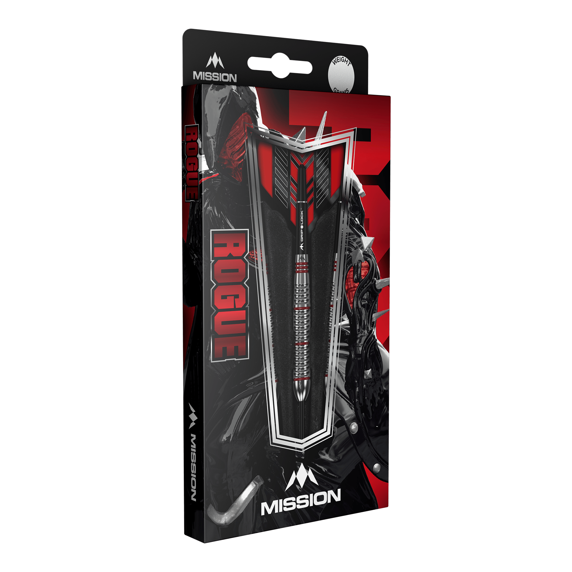 Mission Rogue Brass Steeldarts - 22g Die Abbildung zeigt die Verpackung der "Mission Rogue Brass Steeldarts - 22g". Die Verpackung ist überwiegend schwarz und rot gestaltet und zeigt den Dartpfeil sowie das Rogue-Logo deutlich.