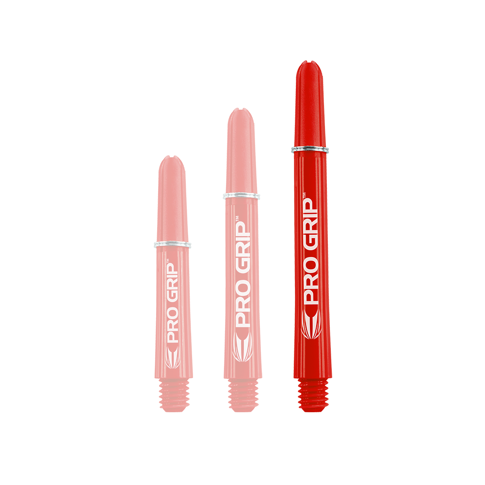 Das Bild zeigt drei rote PRO GRIP Shafts in unterschiedlichen Längen. Sie stehen nebeneinander auf weißem Hintergrund.