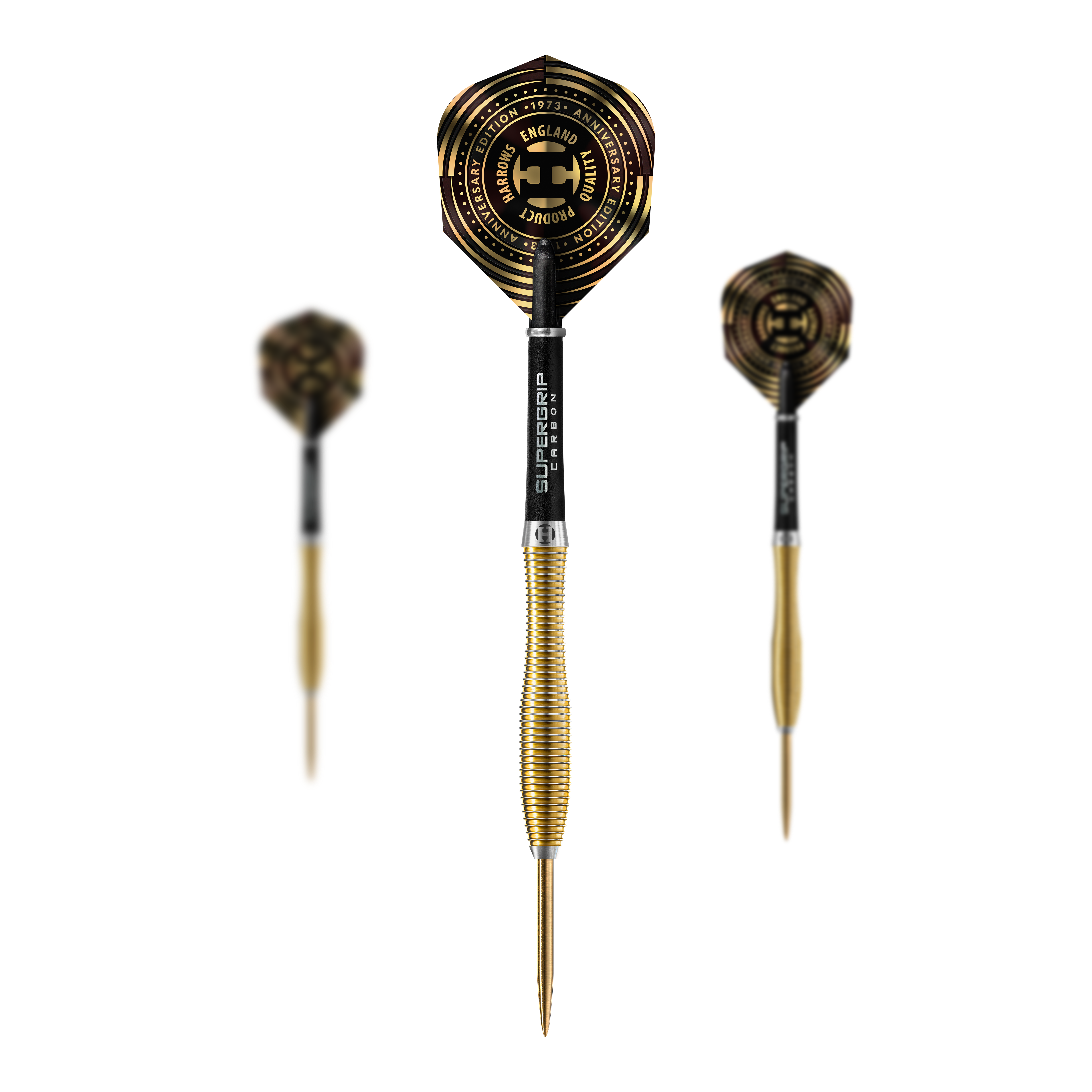Harrows Anniversary Edition V-Wing Steeldarts Das Bild zeigt die Harrows Anniversary Edition V-Wing Steeldarts. Die Darts haben ein gold-schwarzes Design mit auffälligen Flights und einem geriffelten Griff.