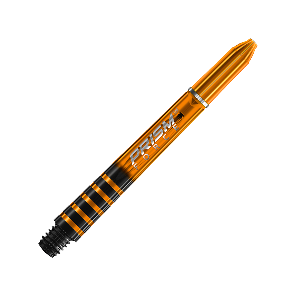 7020-407_Winmau_Prism_Force_Shafts_Orange_41mm_2 Das Bild zeigt einen orangefarbenen Winmau Prism Force Shaft. Der Schaft hat schwarze Akzente und die Aufschrift "PRISM FORCE".