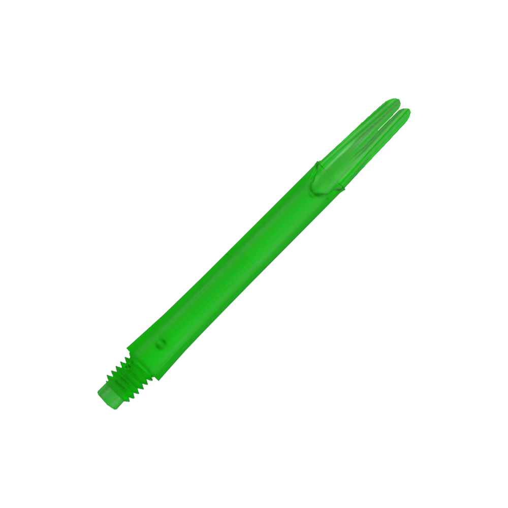 L-Style L-Shafts Locked Straight - Green 330 Das Bild zeigt einen geraden, grünen Dart-Schaft ohne Kappen. Der Schaft hat ein Gewinde an einem Ende und ist durchsichtig.