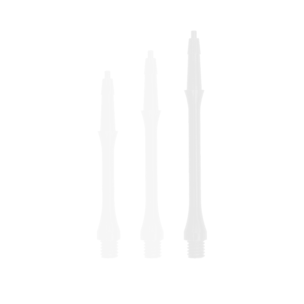 Das Bild zeigt drei weiße Harrows Clic Slim Shafts in unterschiedlichen Längen. Die Shafts stehen nebeneinander auf weißem Hintergrund.