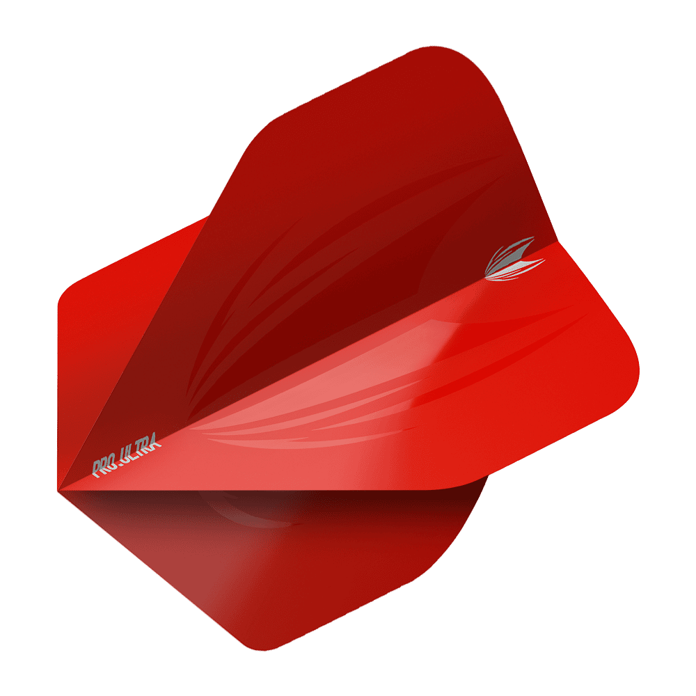 TG424_Target_ProUltra_ID_Red_No2_Standard_Flights_2 Das Bild zeigt ein rotes Dartflight mit der Aufschrift "Pro Ultra" und einem stilisierten Flügeldesign. Es handelt sich um das Produkt "Target ProUltra ID Red No2 Standard Flights".