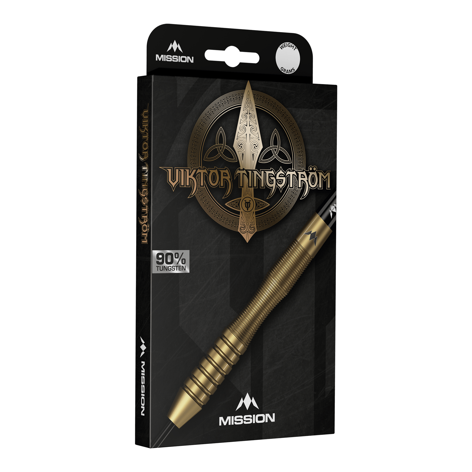 Mission Viktor Tingstrom Gold Steeldarts - 22g Mission Viktor Tingstrom Gold Steeldarts - 22g, mehrere Dartpfeile werden präsentiert. Die goldene Farbgebung und das spezielle Design sind erkennbar.