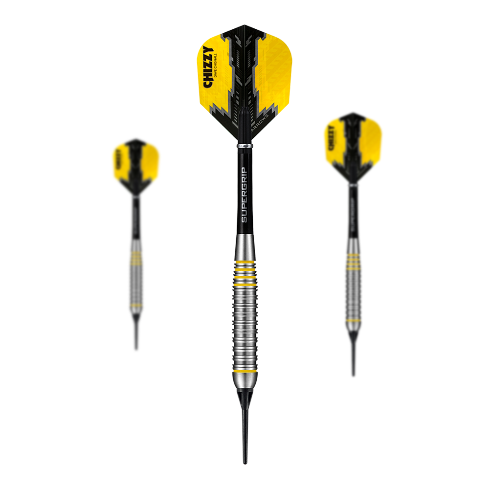 Harrows Dave Chisnall Chizzy Brass Softdarts Das Bild zeigt drei Harrows Dave Chisnall Chizzy Brass Softdarts. Die Pfeile haben gelb-schwarze Flights und einen geriffelten silbernen Barrel.