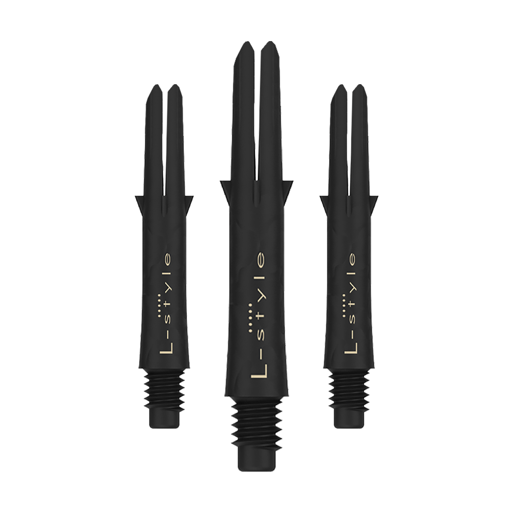 L-Style Carbon Shafts 190 Das Bild zeigt drei schwarze Carbon Shafts für Dartpfeile der Marke L-Style. Die Shafts sind ohne Kappen und besitzen eine goldene Schrift.