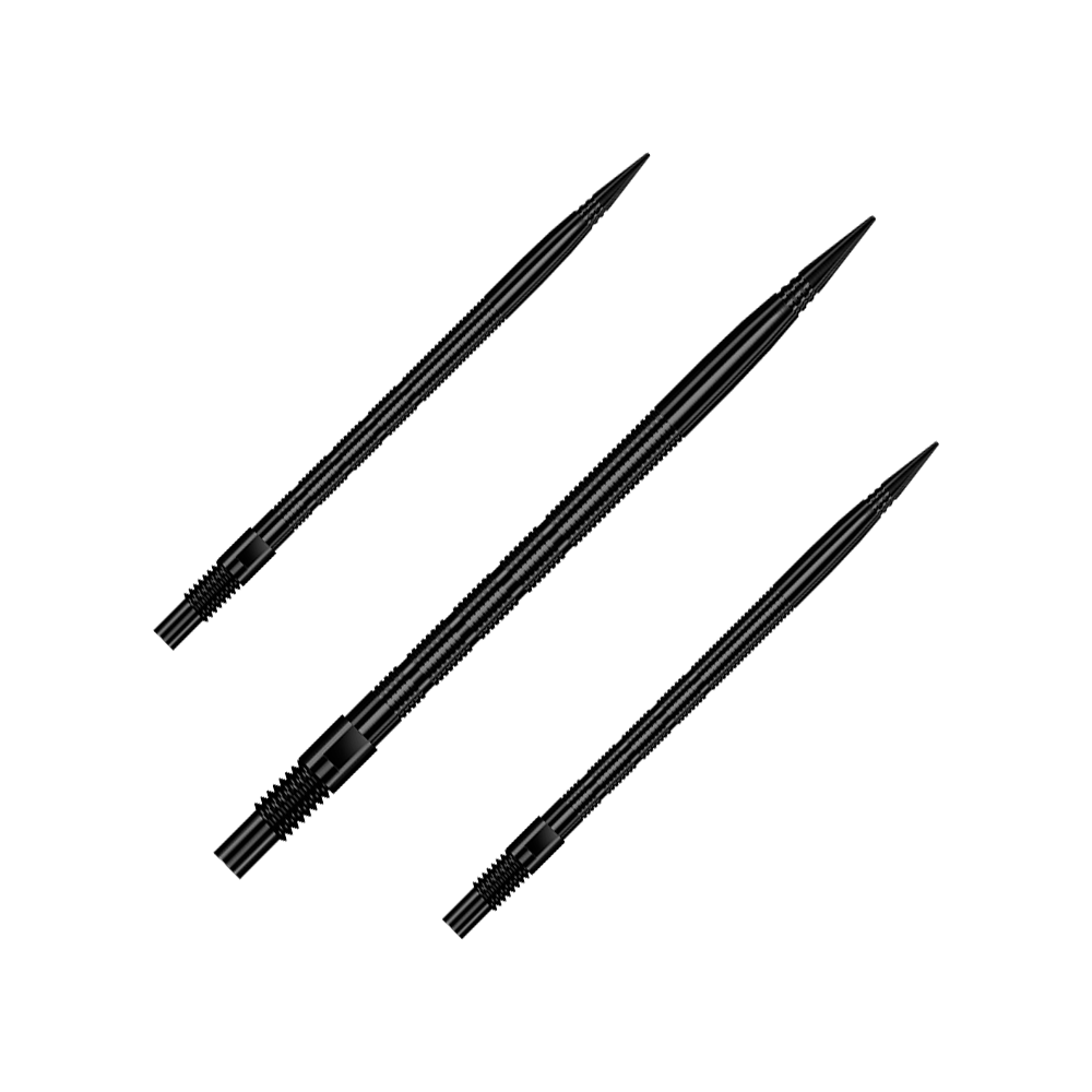 Zu sehen ist ein Set schwarzer MicroRidge Dartspitzen mit 40 mm Länge. Bei dem Produkt handelt es sich vermutlich um Harrows Quick Point.