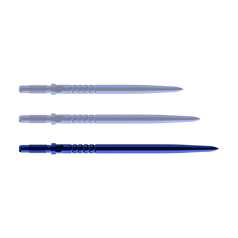 Abgebildet ist ein Dart-Zubehör namens BU57715_BullsNL_Convertible_Points_RingedGrip_Blau_40mm_1. Das Bild zeigt eine blaue Dartspitze mit Ringed Grip Muster.