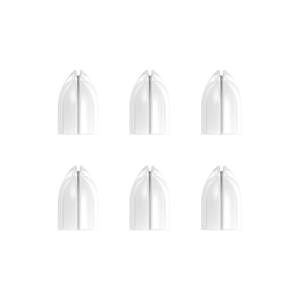 SLZ-524-L-Style-Shell-Lock-Ringe-Weiss-1 Das Bild zeigt sechs weiße L-Style Shell Lock Ringe, die in zwei Reihen angeordnet sind. Diese Ringe werden für die Befestigung von Dartflights verwendet.