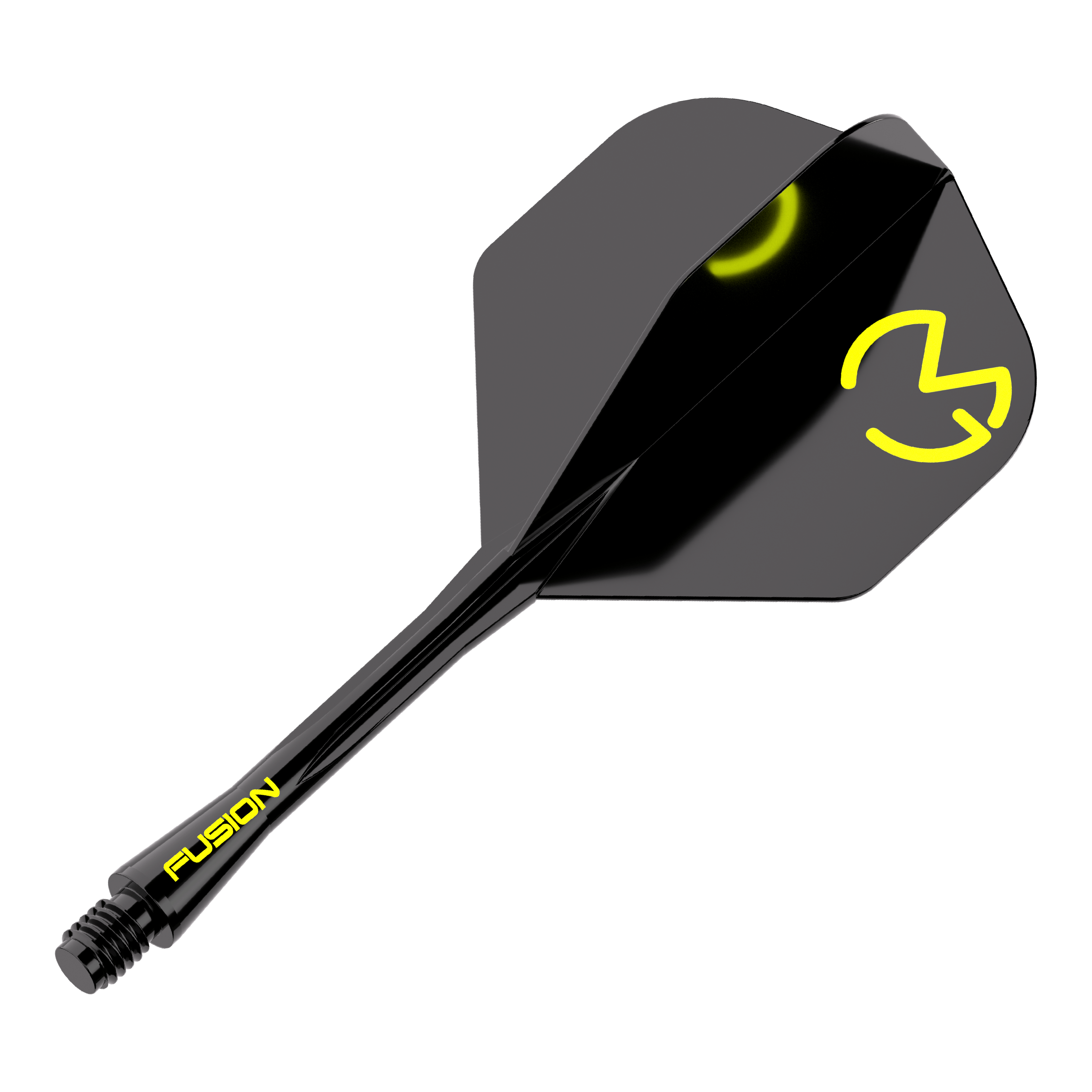 Das Bild zeigt das Winmau Fusion Flight-Shaft-System Michael Van Gerwen Pacman No2 Standard. Es ist schwarz mit gelben Akzenten und dem Logo auf dem Flight.