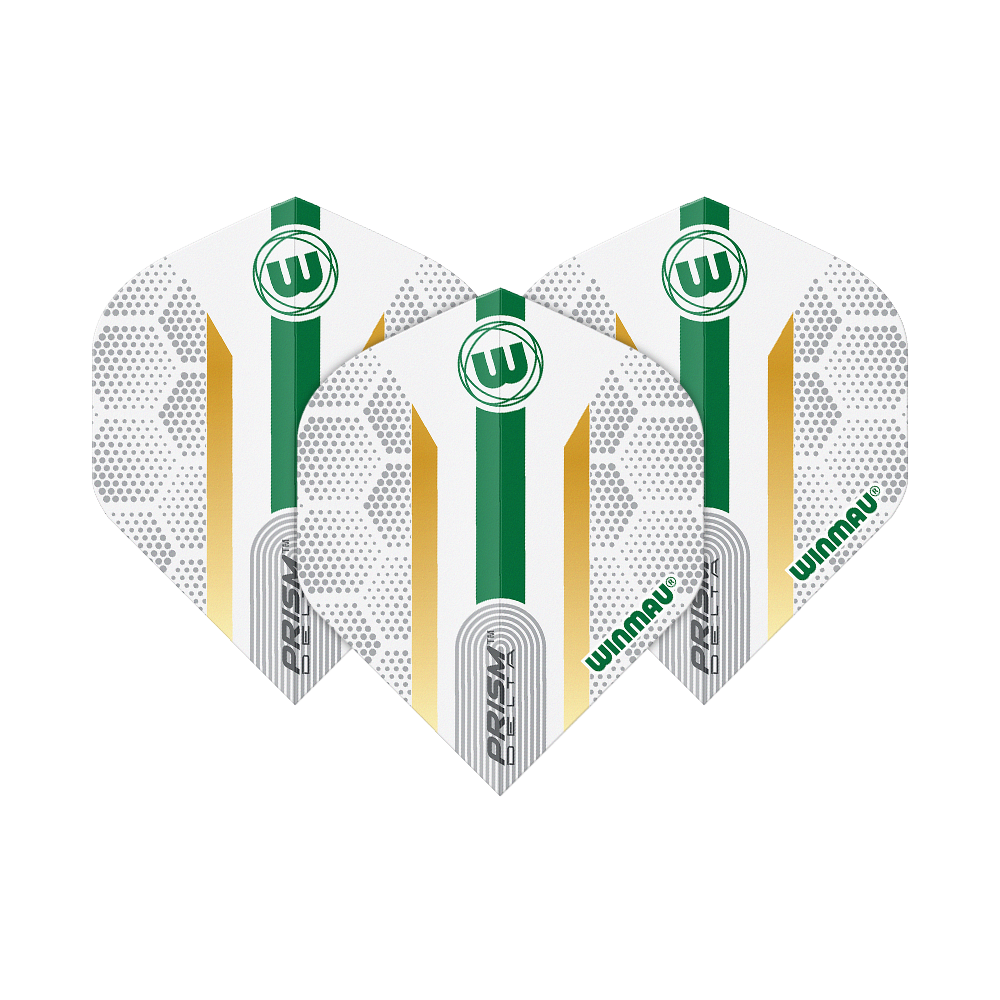 Winmau Prism Delta Xenon No2 Standard Flights Das Bild zeigt drei Winmau Prism Delta Xenon No2 Standard Flights. Sie sind überwiegend weiß mit grünen und goldenen Akzenten und tragen das Winmau-Logo.