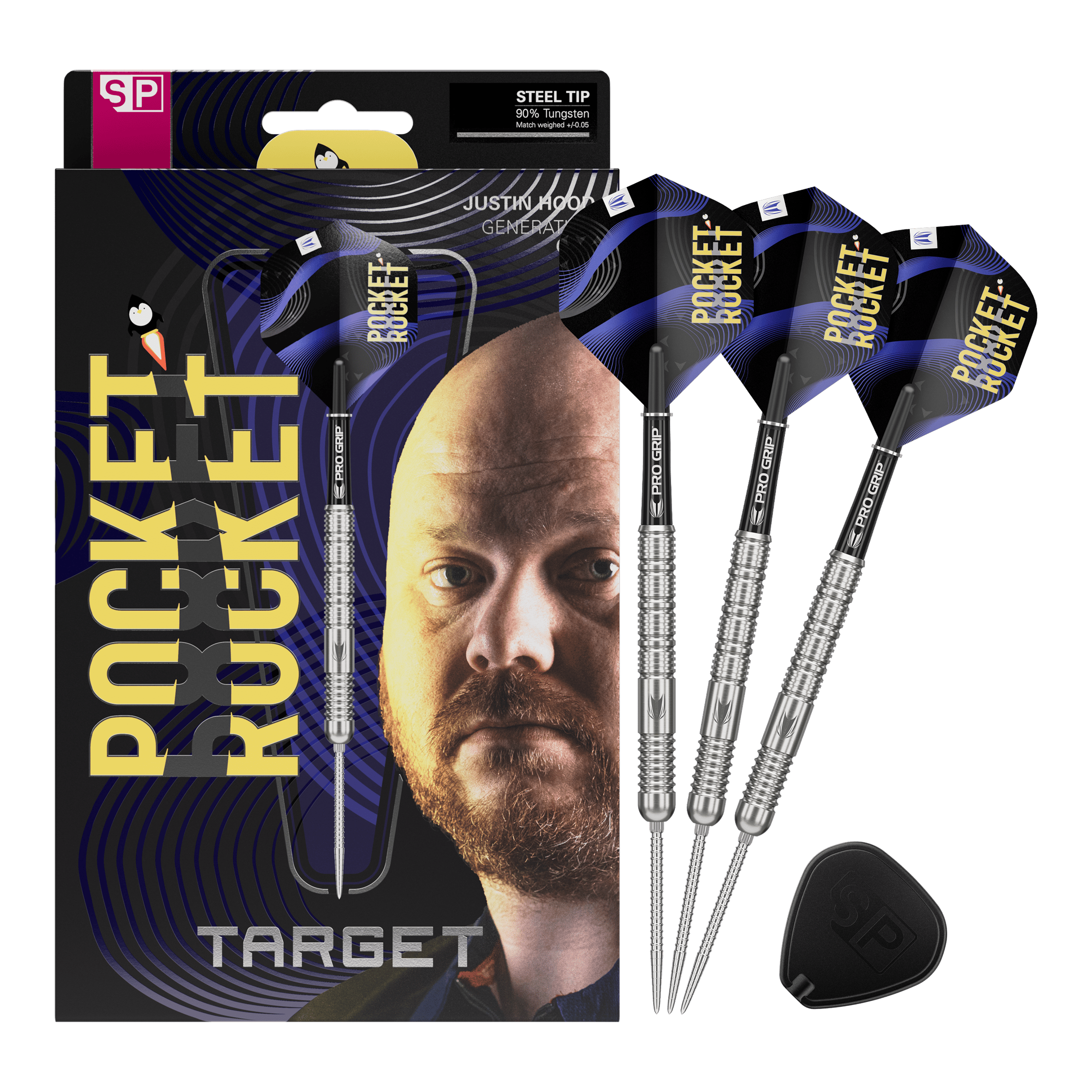 Target Justin Hood Swiss Points Steeldarts - 23g Auf dem Bild sieht man die vollständigen Target Justin Hood Swiss Points Steeldarts mit 23 Gramm. Das Set ist ideal für Dartliebhaber und Profispieler.